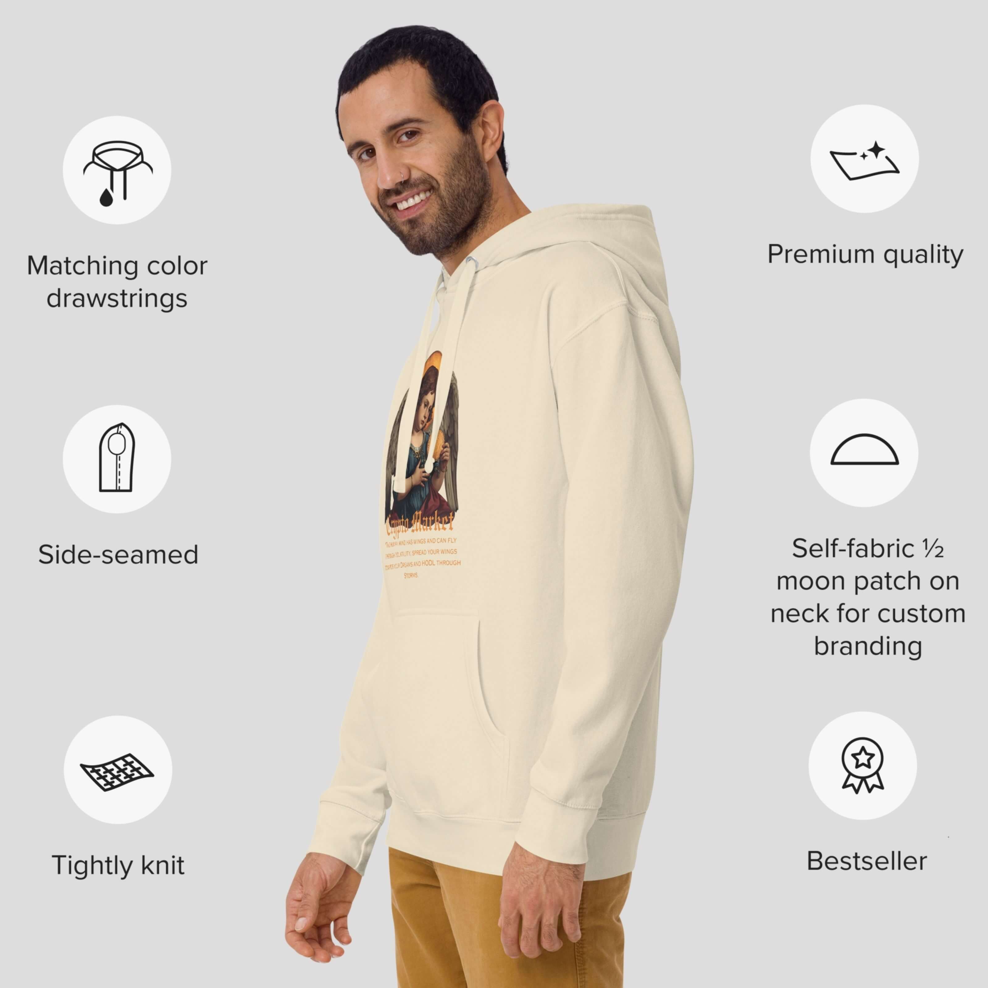 Side view of crypto hoodie with renaissance Bitcoin angel design