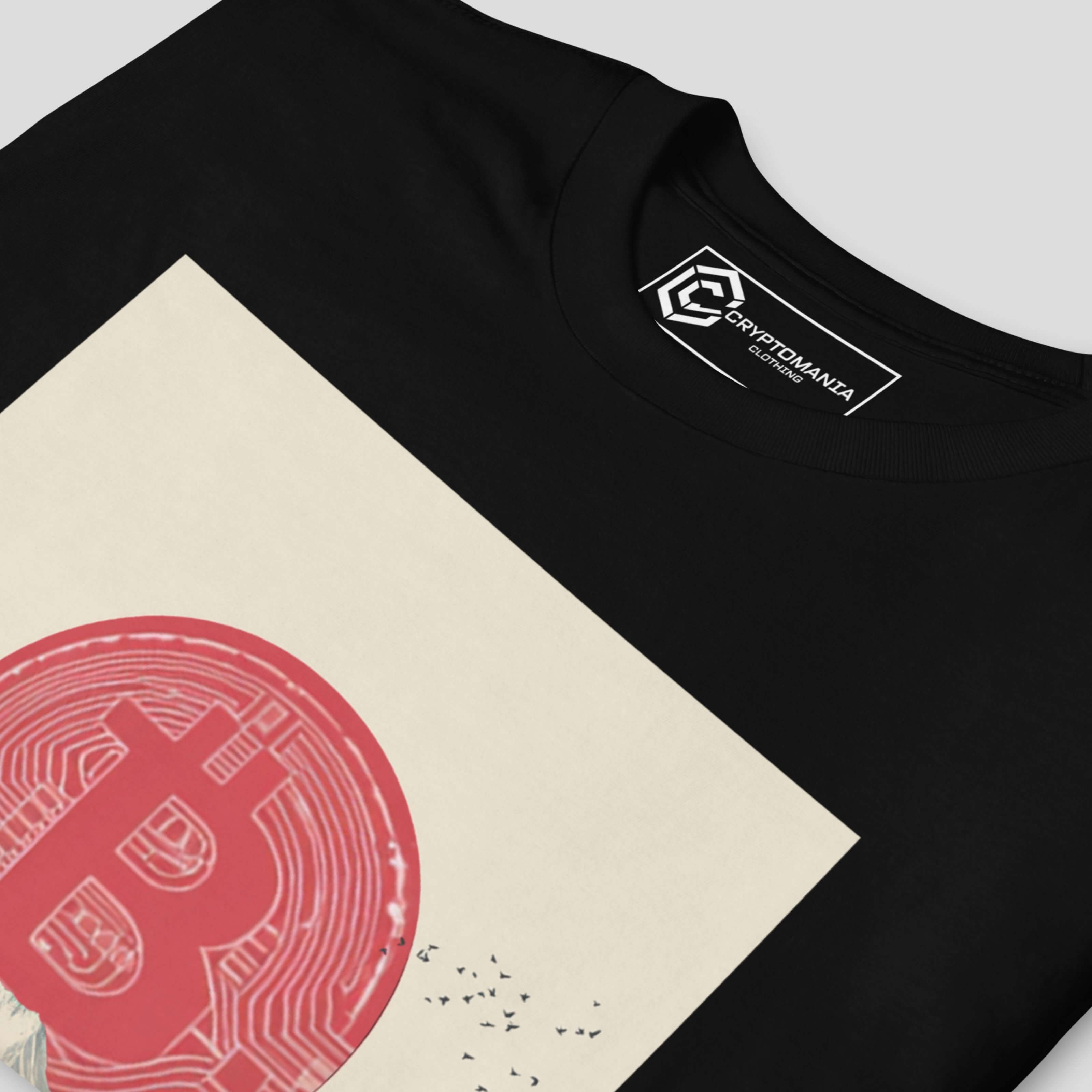 Close-up of Japanese style bitcoin artwork on premium cotton t-shirt