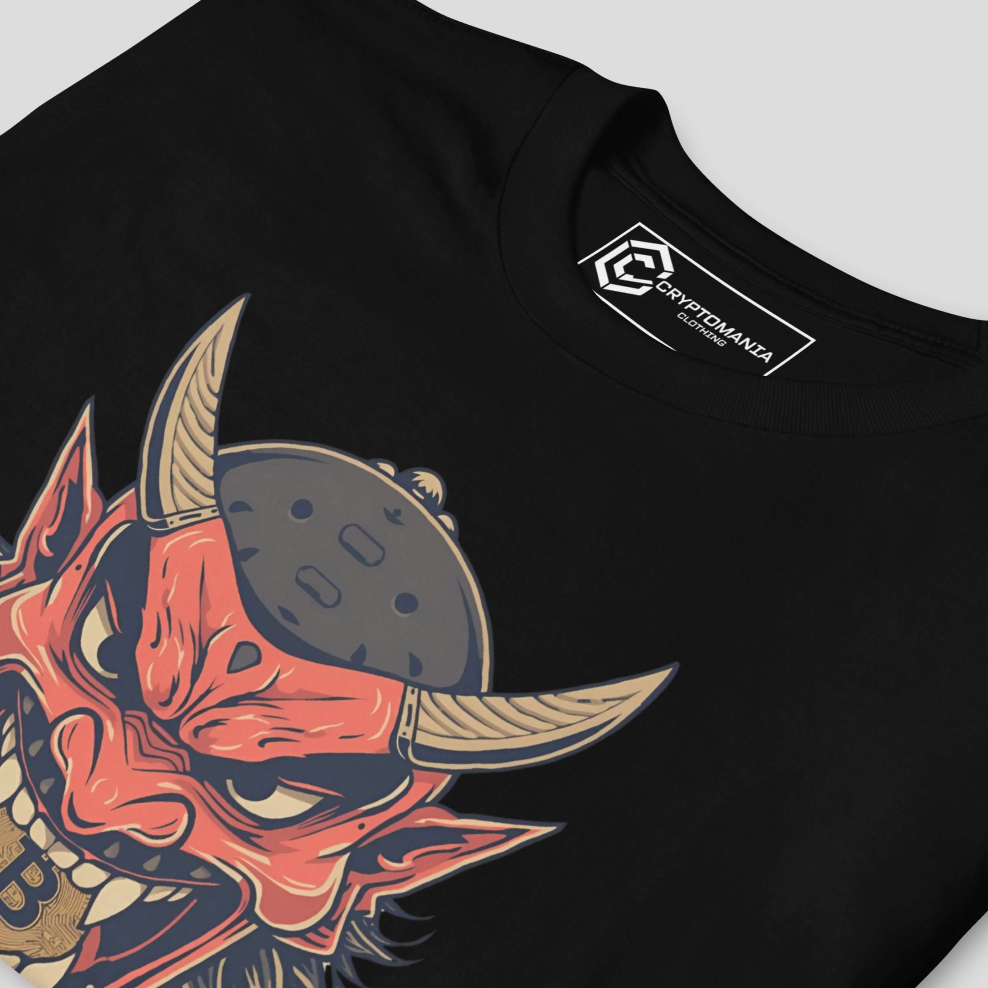 Black bitcoin t-shirt featuring an aggressive oni mask illustration with gold horns and crypto-inspired design, modern streetwear style
