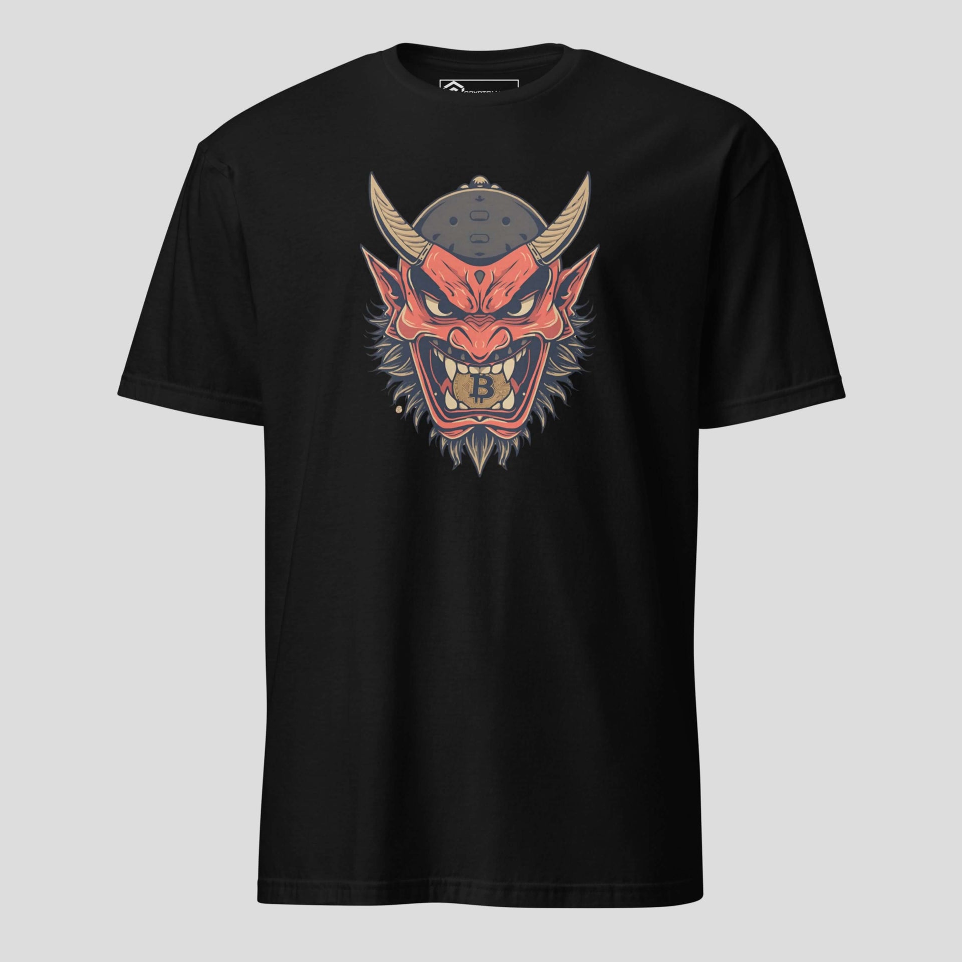 Close-up of oni mask artwork on black bitcoin t-shirt showing detailed illustration, bold colors, and crypto streetwear aesthetic
