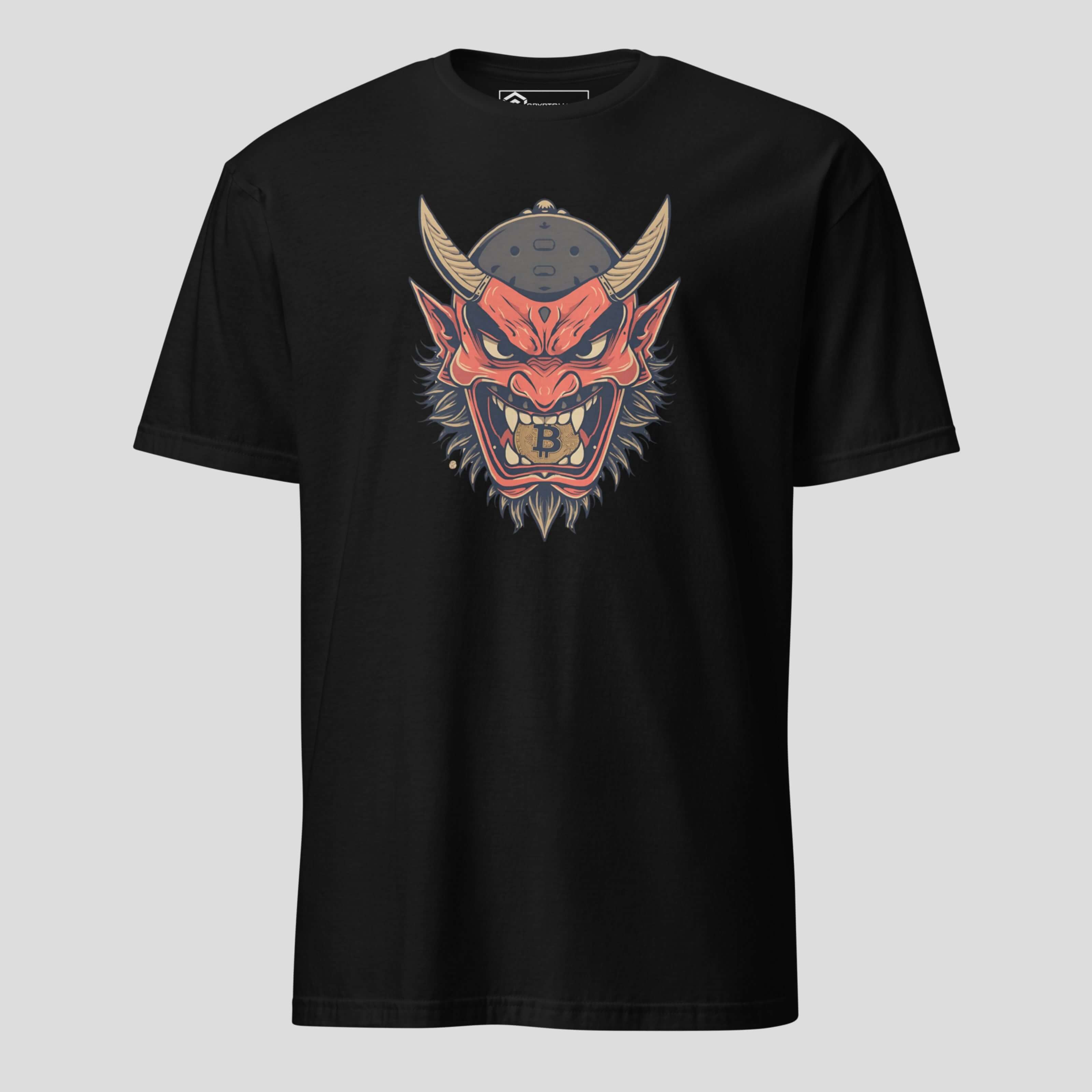 Close-up of oni mask artwork on black bitcoin t-shirt showing detailed illustration, bold colors, and crypto streetwear aesthetic
