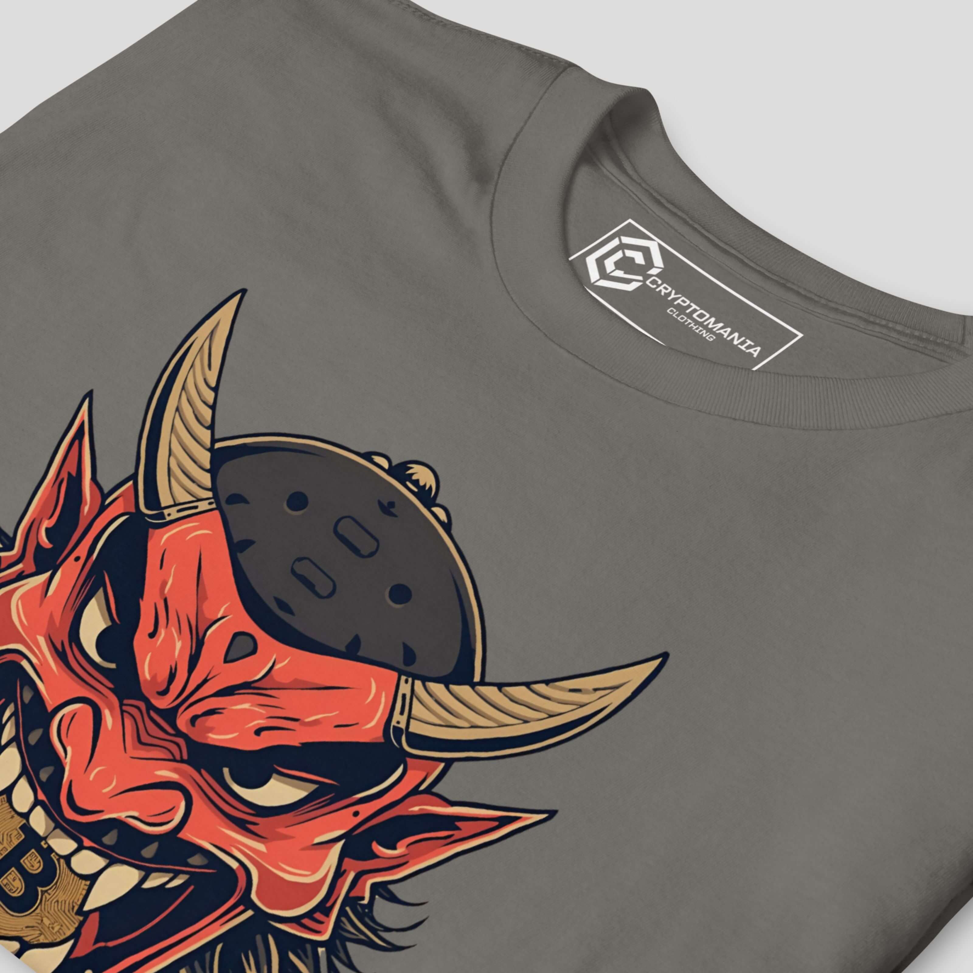 Detailed view of oni mask graphic on grey bitcoin t-shirt highlighting sharp lines, expressive artwork, and crypto streetwear style