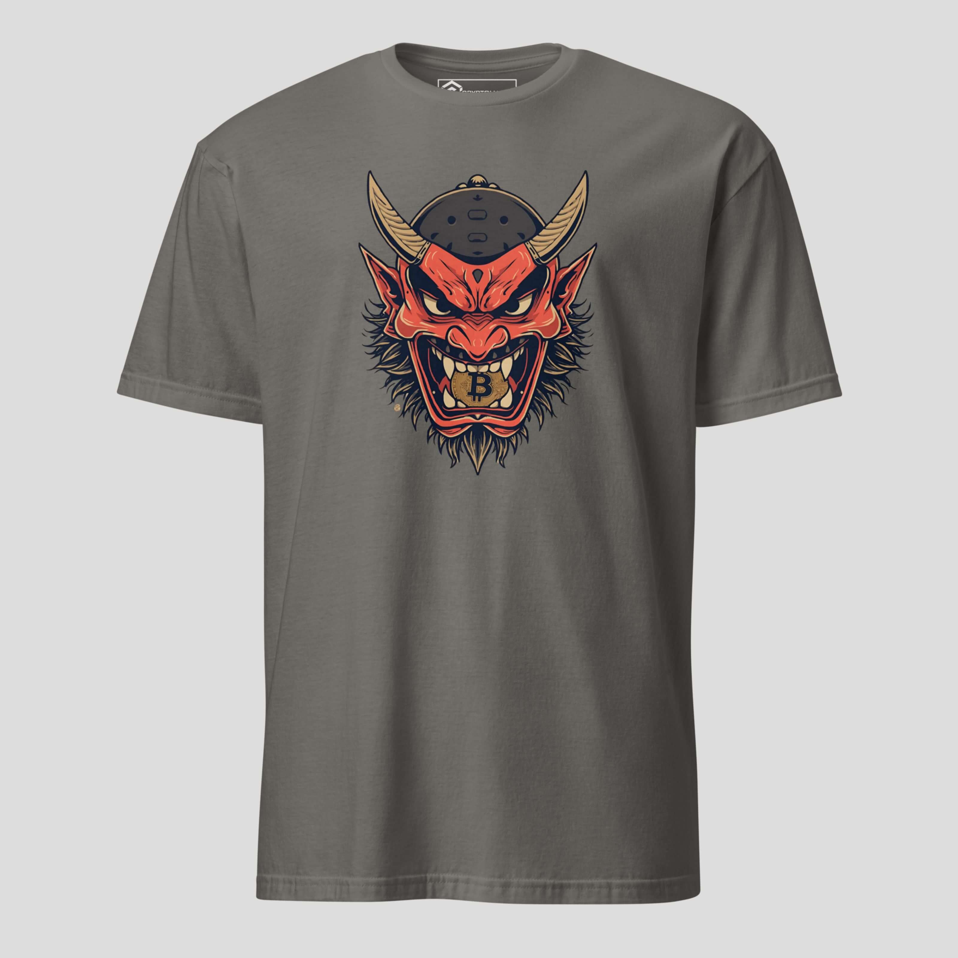 Grey bitcoin t-shirt with centered oni demon mask illustration, Japanese-inspired crypto streetwear design with bold graphic style
