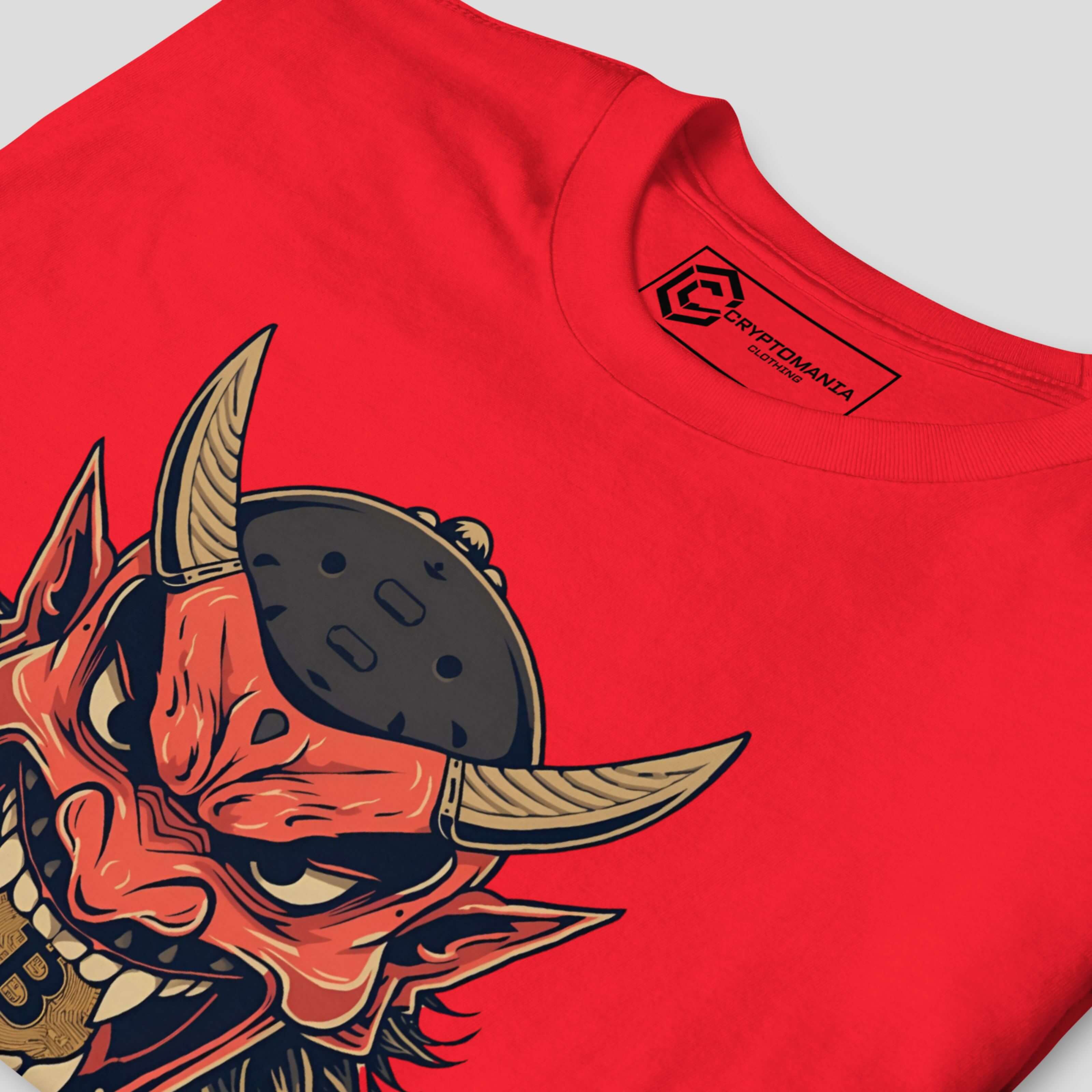 Close-up of oni demon artwork on red bitcoin t-shirt showing vibrant colors, sharp illustration details, and crypto-inspired style
