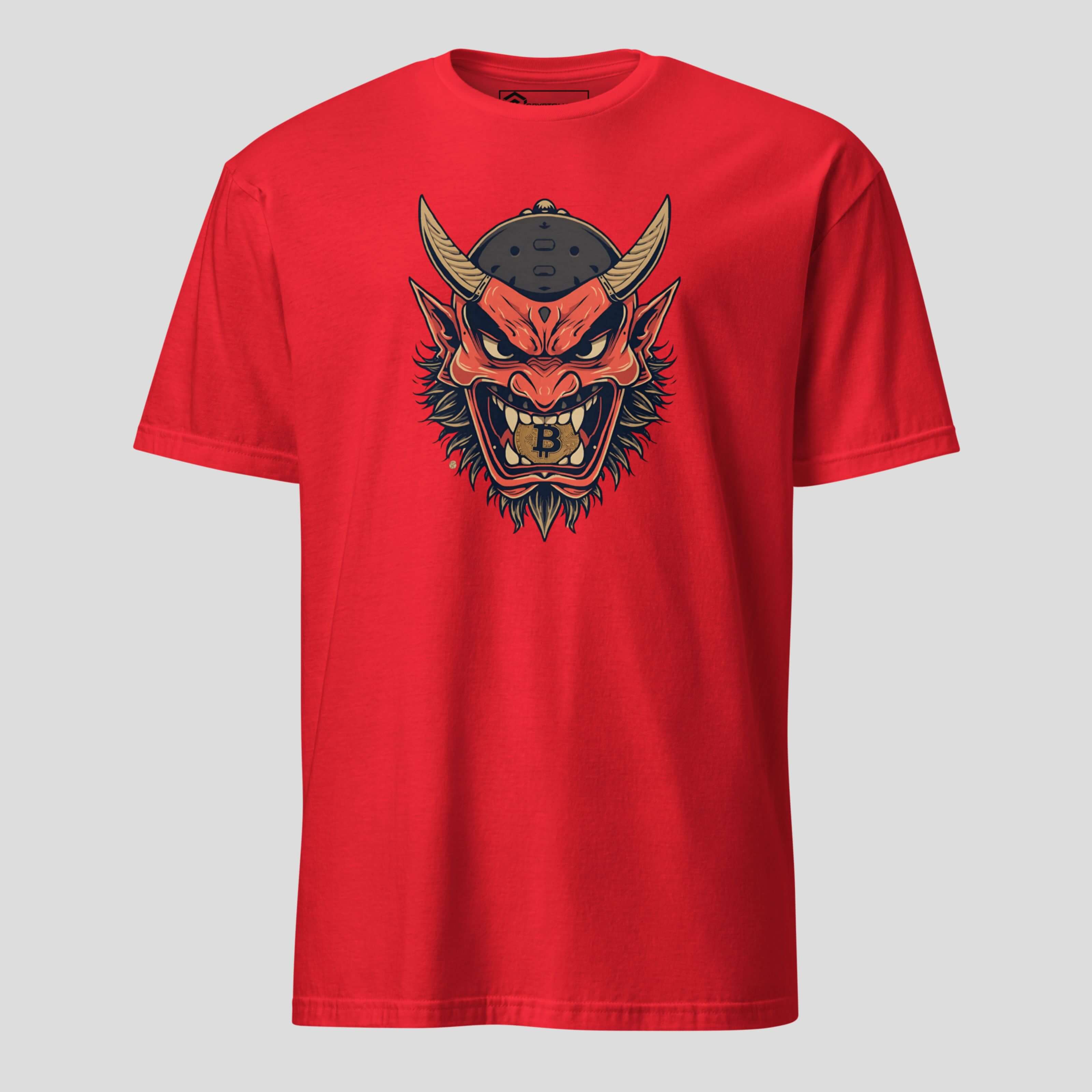 Red bitcoin t-shirt featuring fierce oni mask illustration with gold accents, bold crypto streetwear design for modern outfits