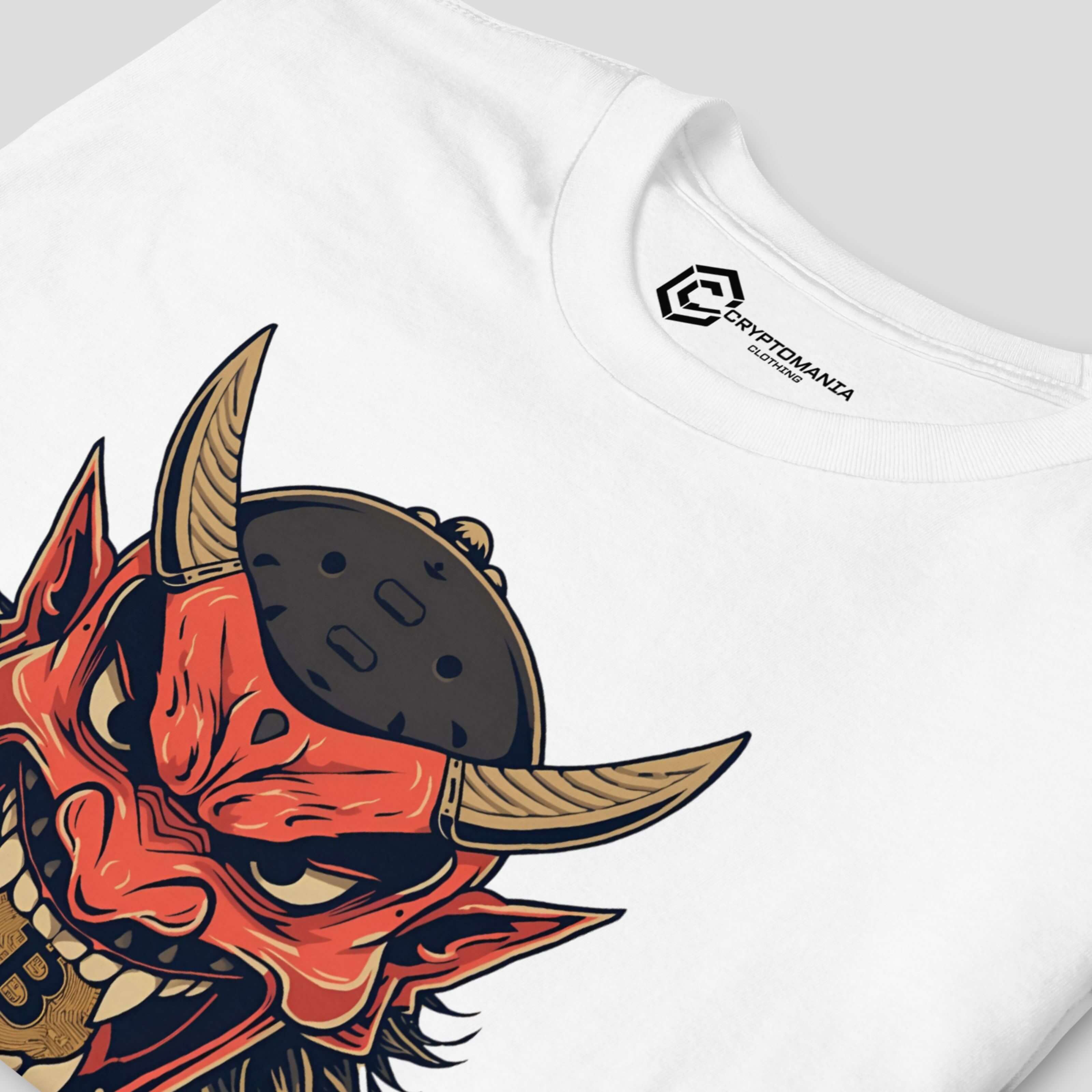 Detailed oni mask illustration on white bitcoin t-shirt highlighting artistic linework, expressive design, and crypto streetwear vibe