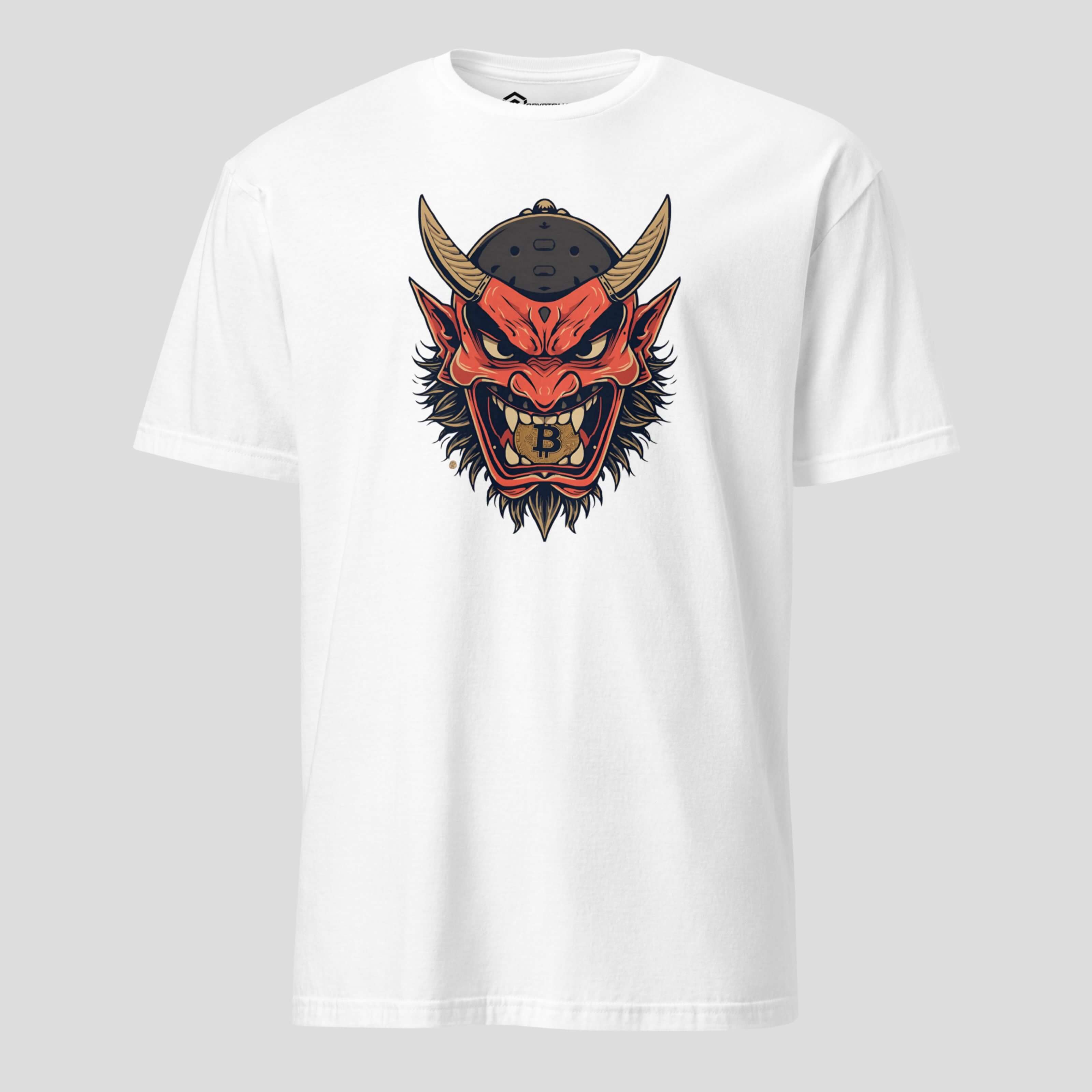 White bitcoin t-shirt with striking oni mask graphic inspired by Japanese art, clean crypto streetwear look with bold contrast
