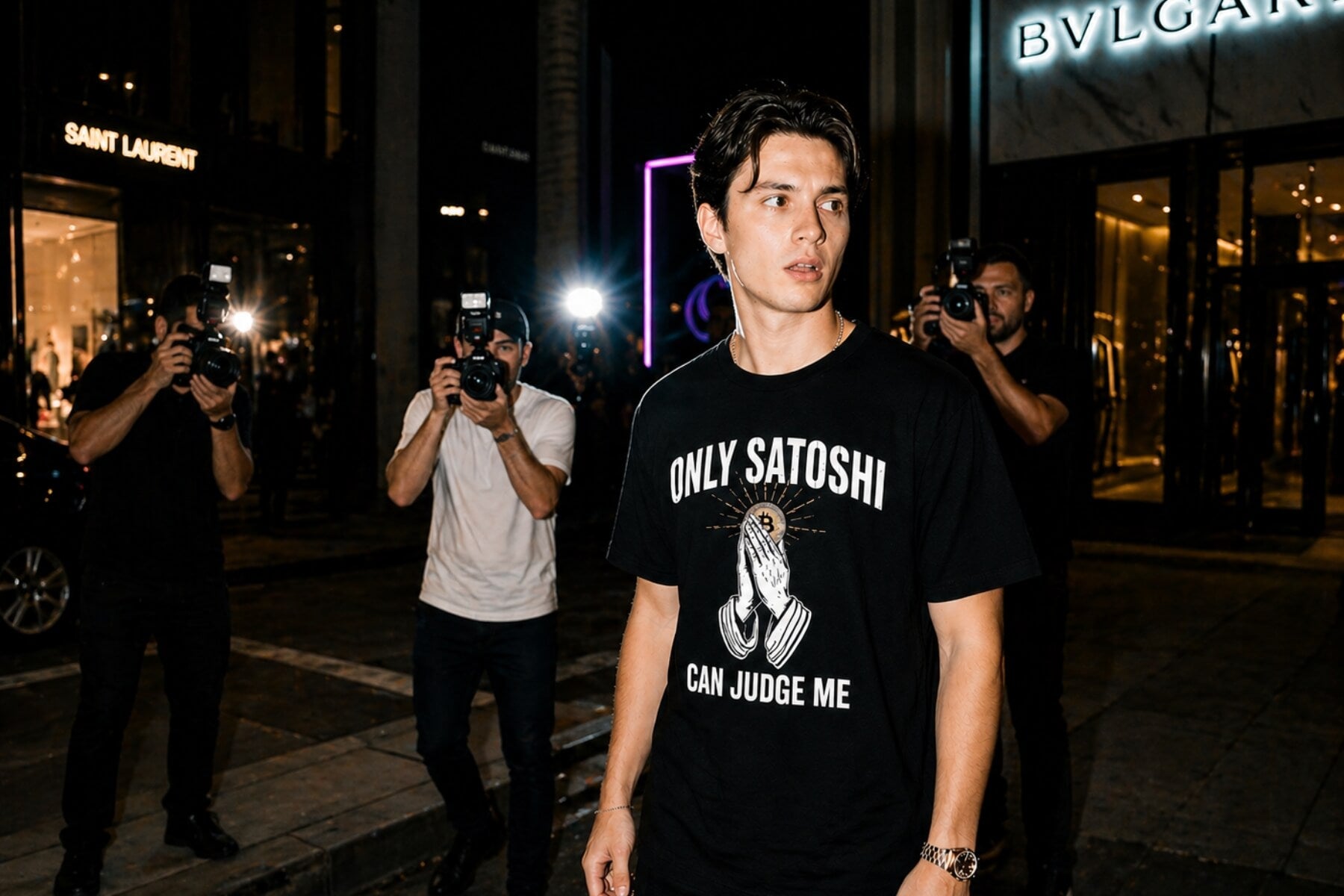 Bitcoin t-shirt street style outfit in paparazzi night scene crypto fashion apparel