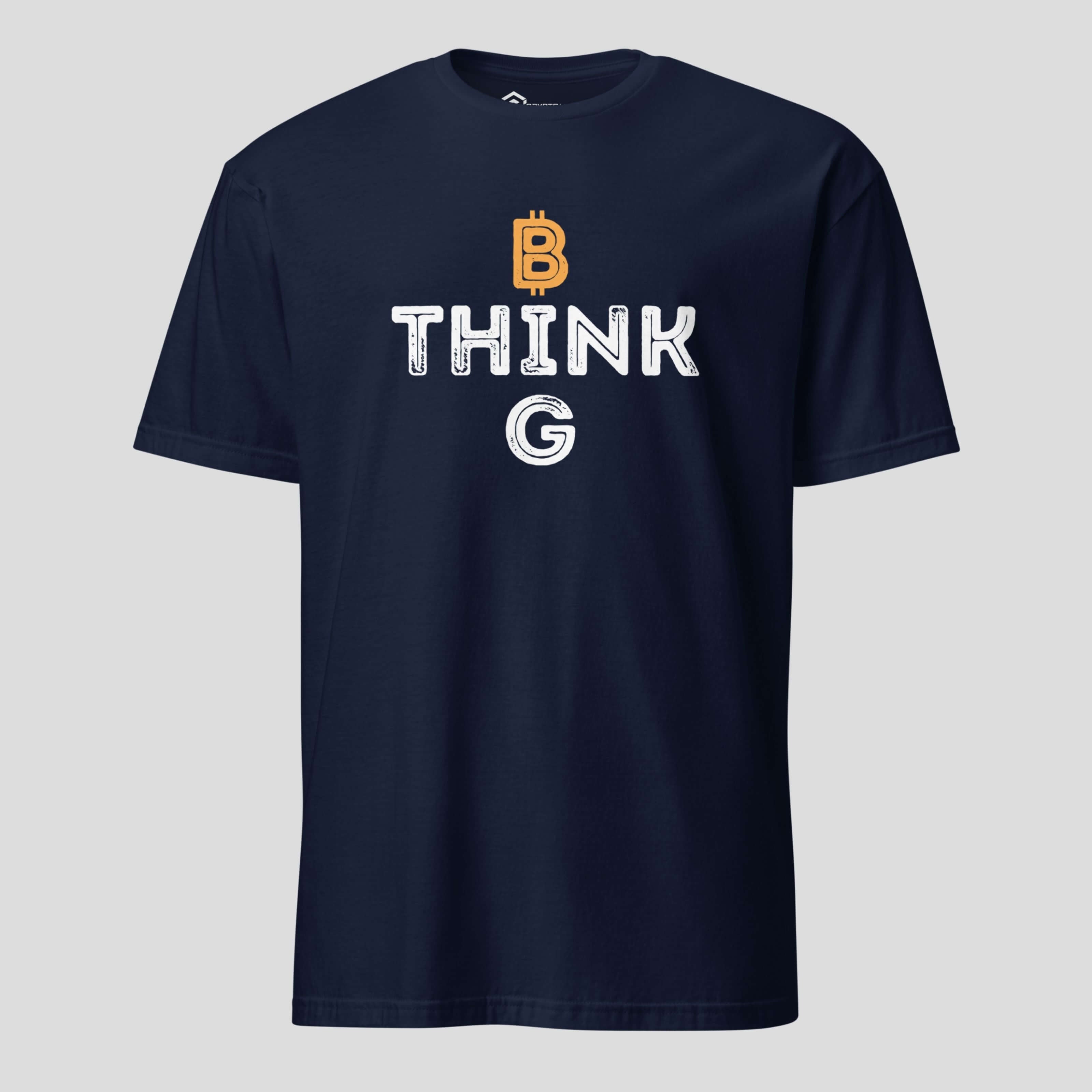 Navy blue Bitcoin t-shirt with minimal ₿ THINK design