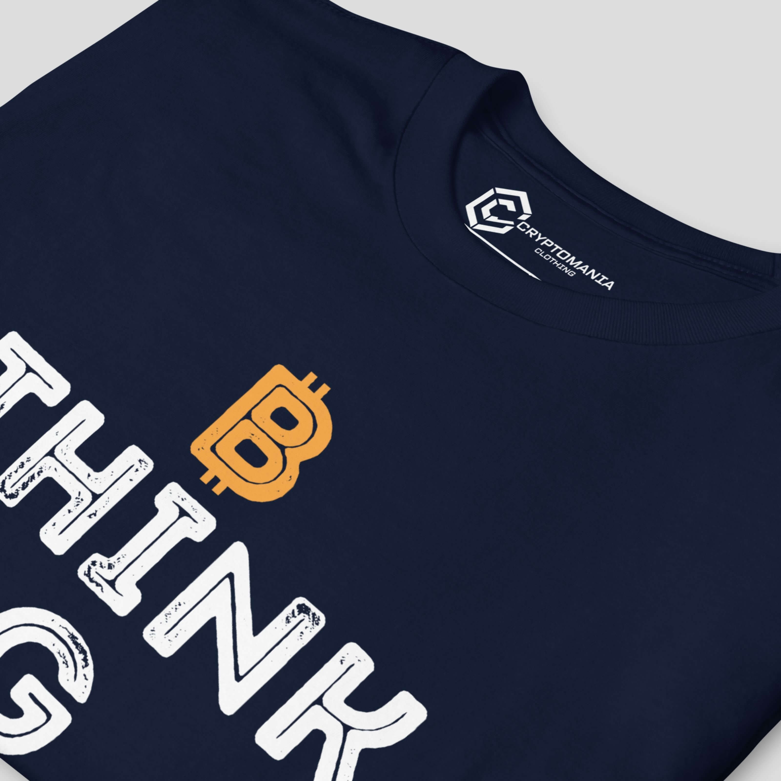 Navy crypto t-shirt with think bitcoin text in detail