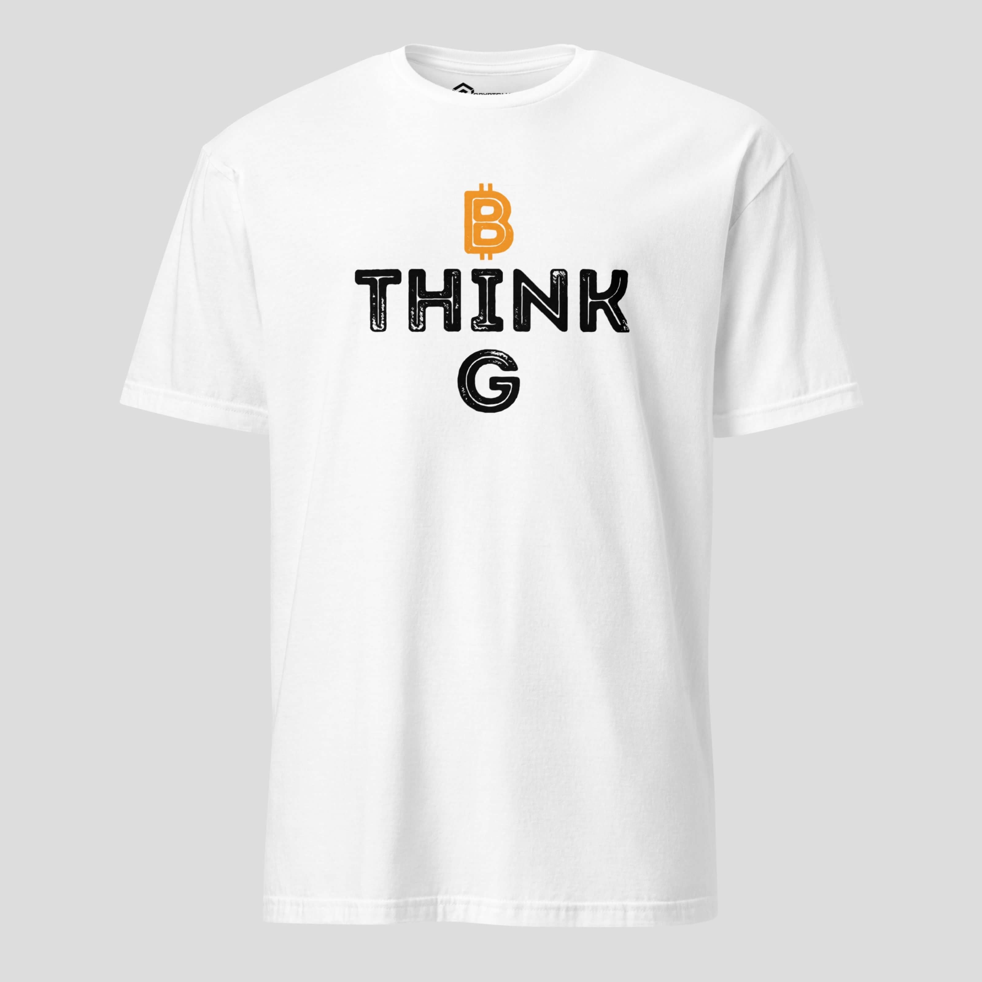 White Bitcoin t-shirt with minimal ₿ THINK design