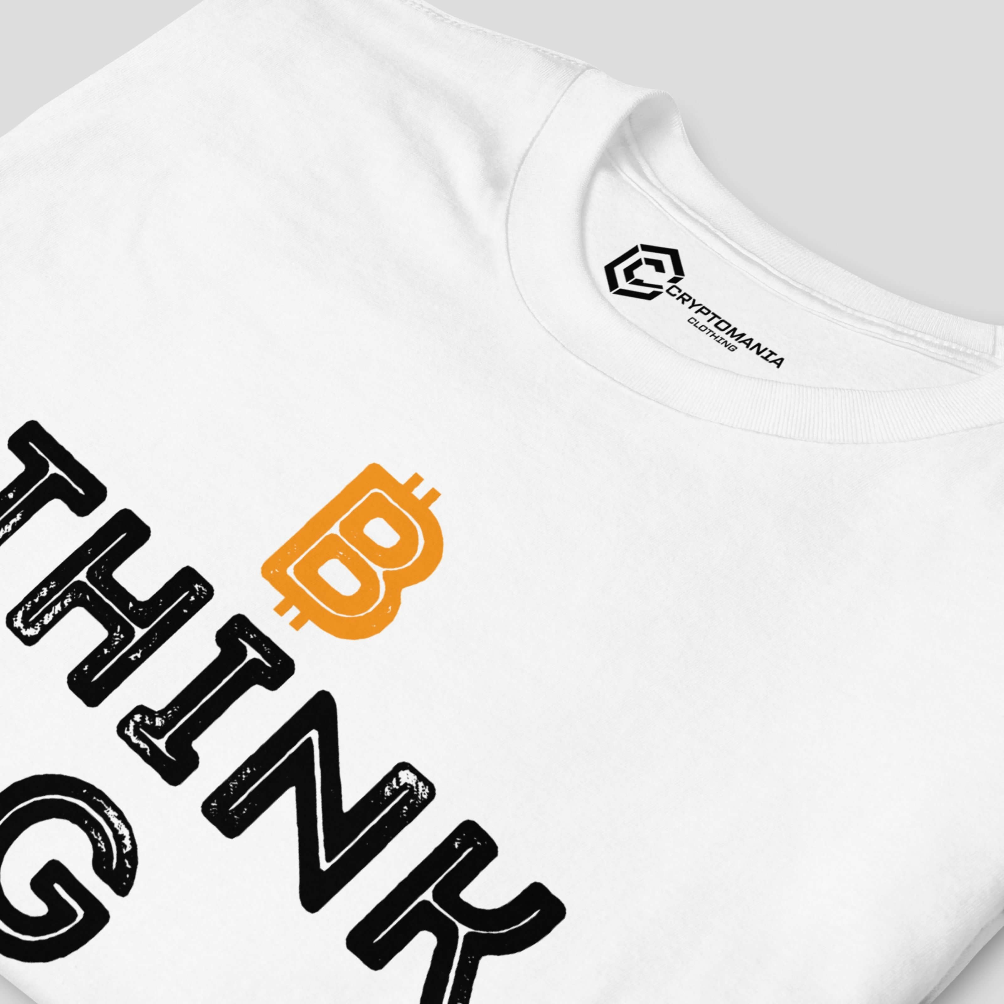 Detailed view of white bitcoin t-shirt with text think big