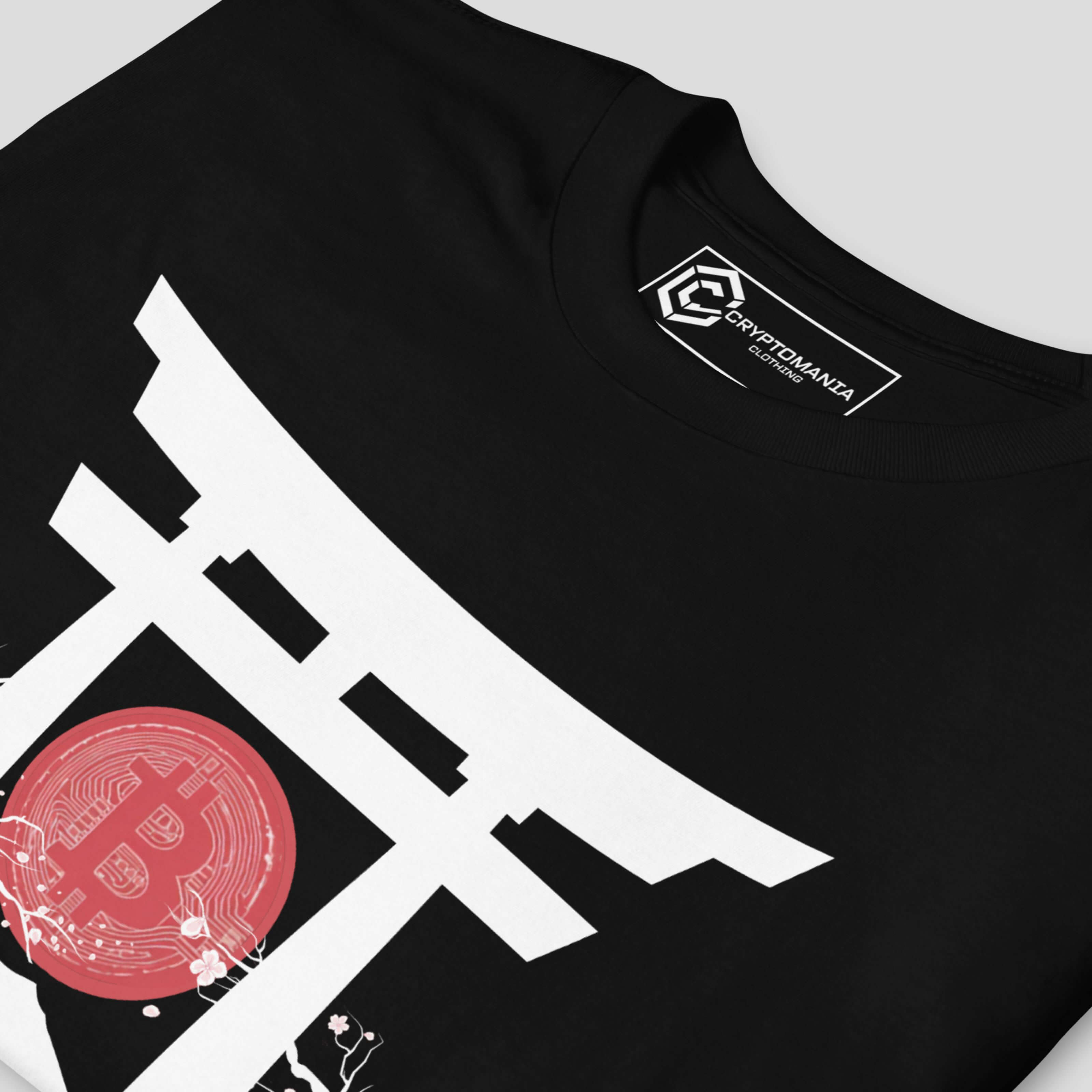 Close-up of Bitcoin torii gate artwork with red BTC coin