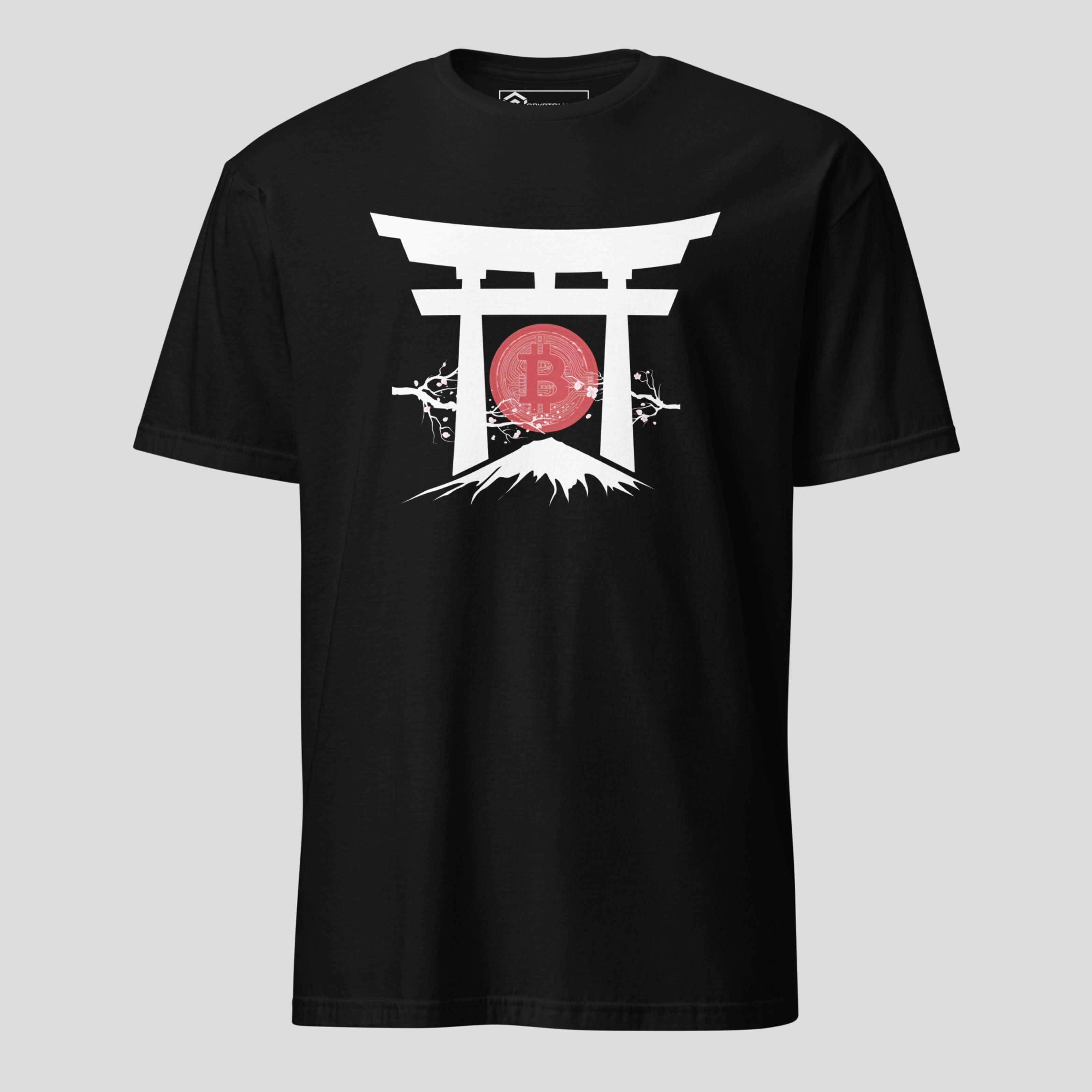 Black Bitcoin torii gate t-shirt with red BTC coin design