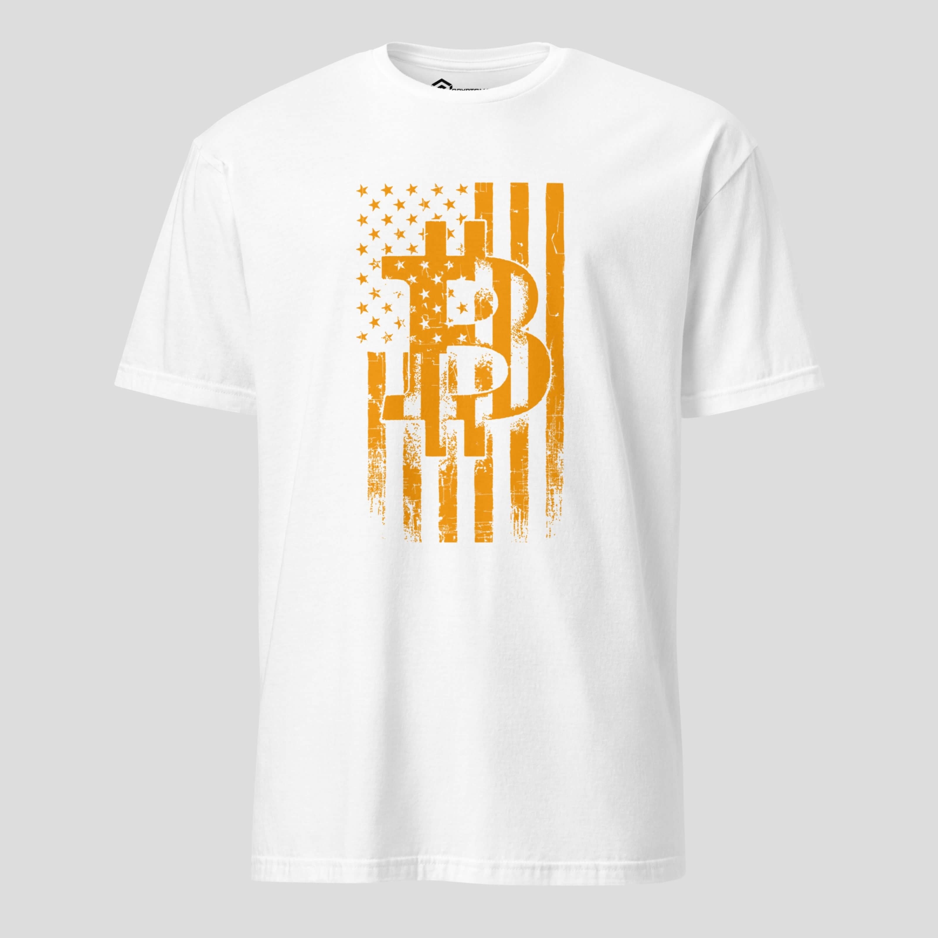 White bitcoin patriotic flag graphic t-shirt for holders