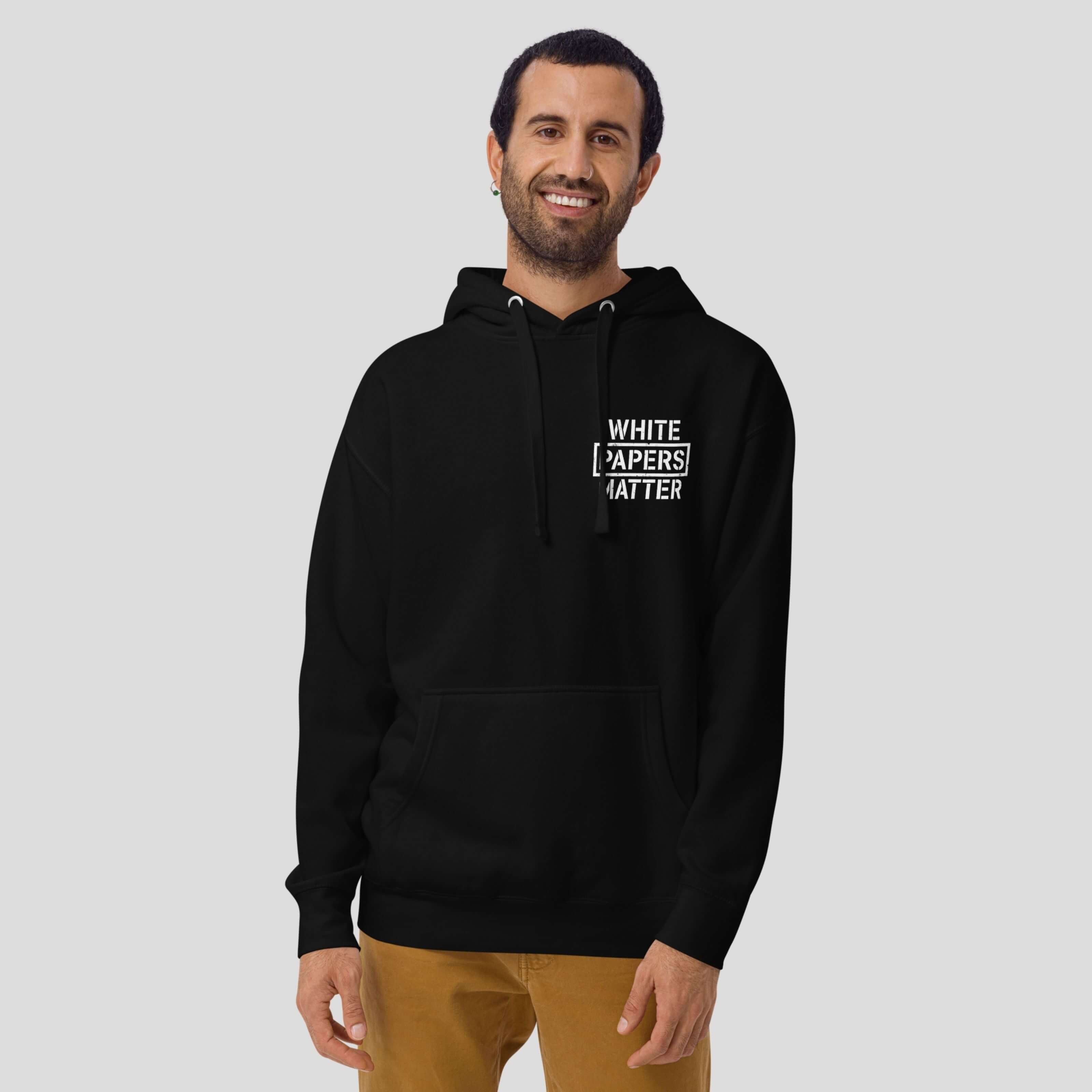 Male model wearing bitcoin whitepaper hoodie crypto streetwear