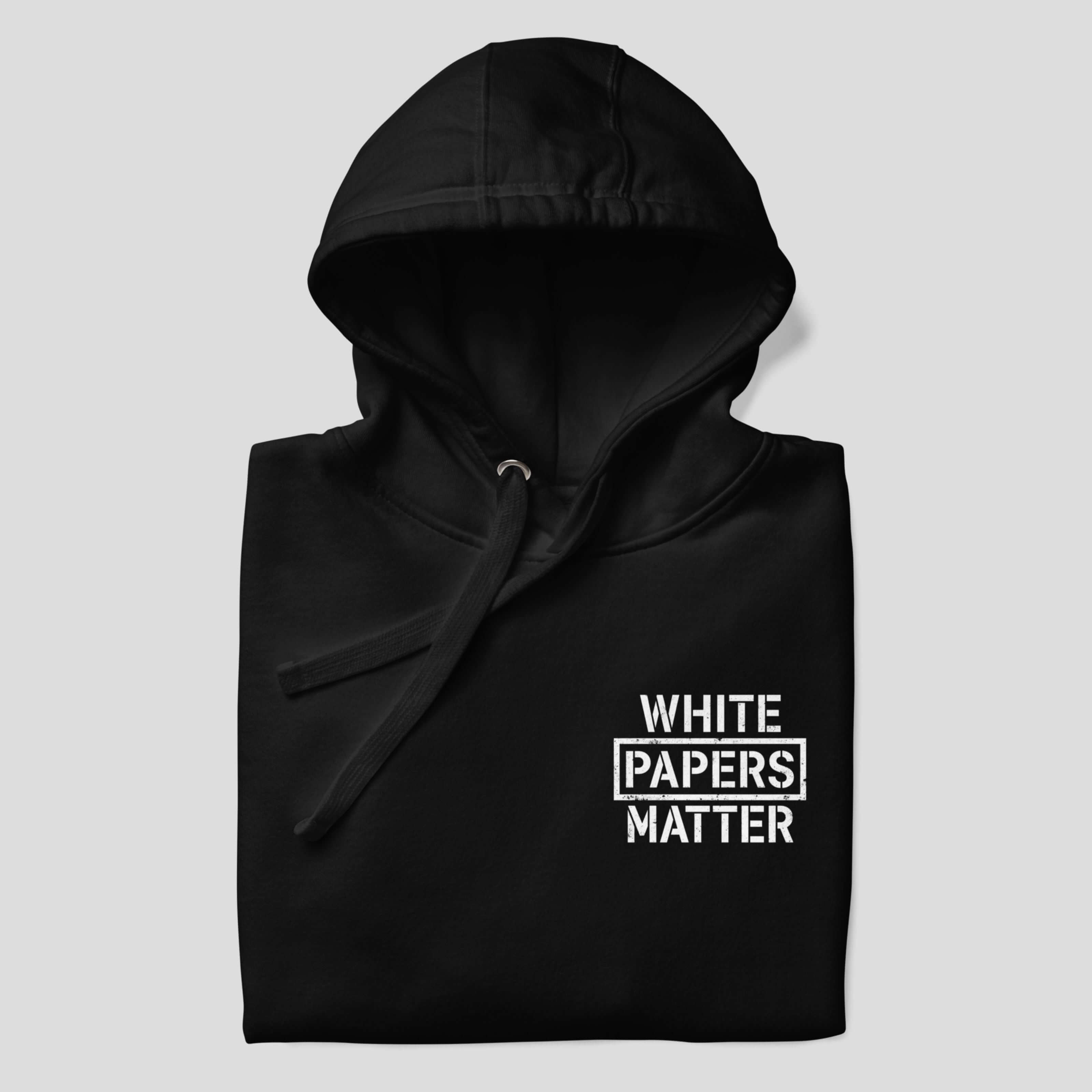 Black crypto hoodie white papers matter chest print detail