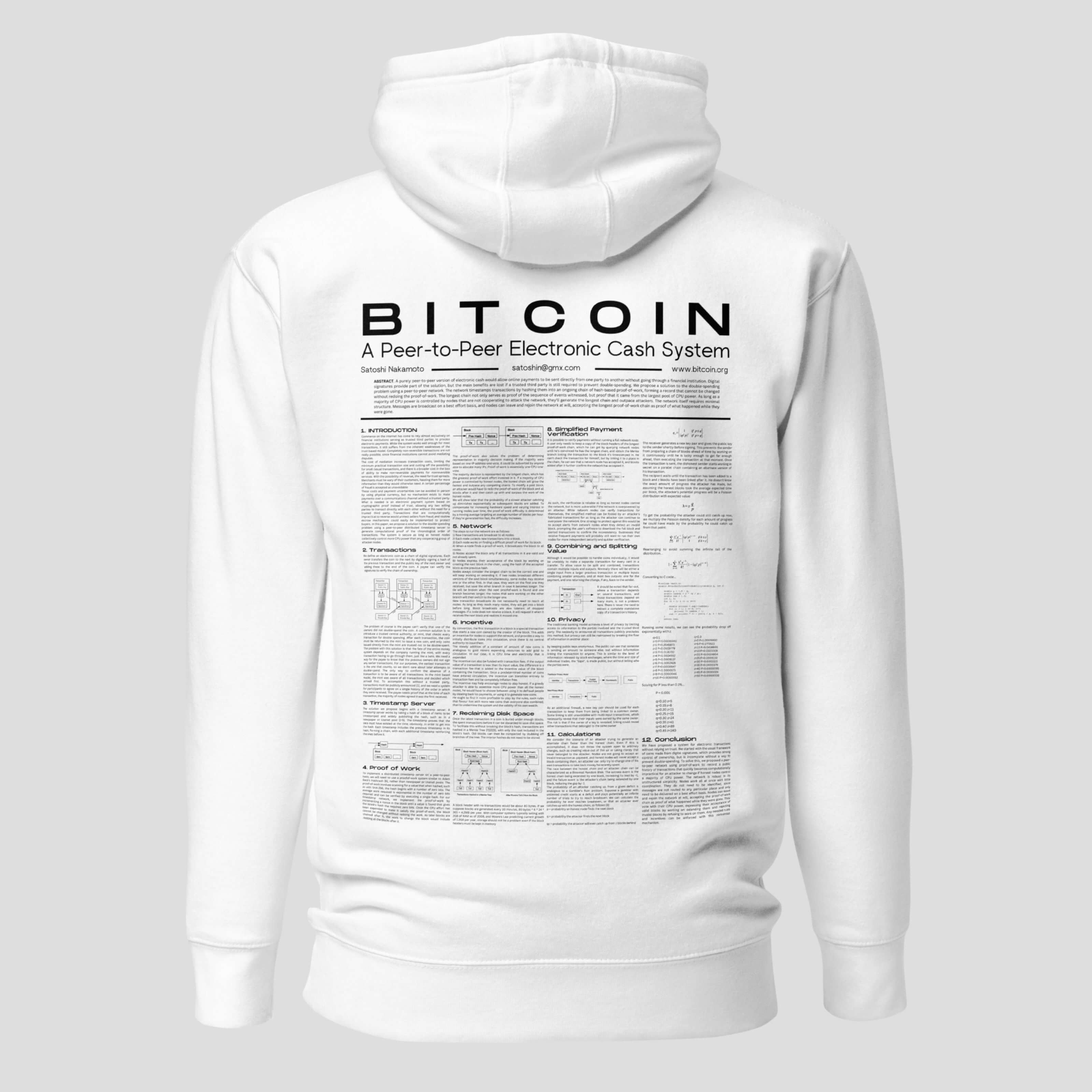 White bitcoin whitepaper hoodie full back graphic artwork