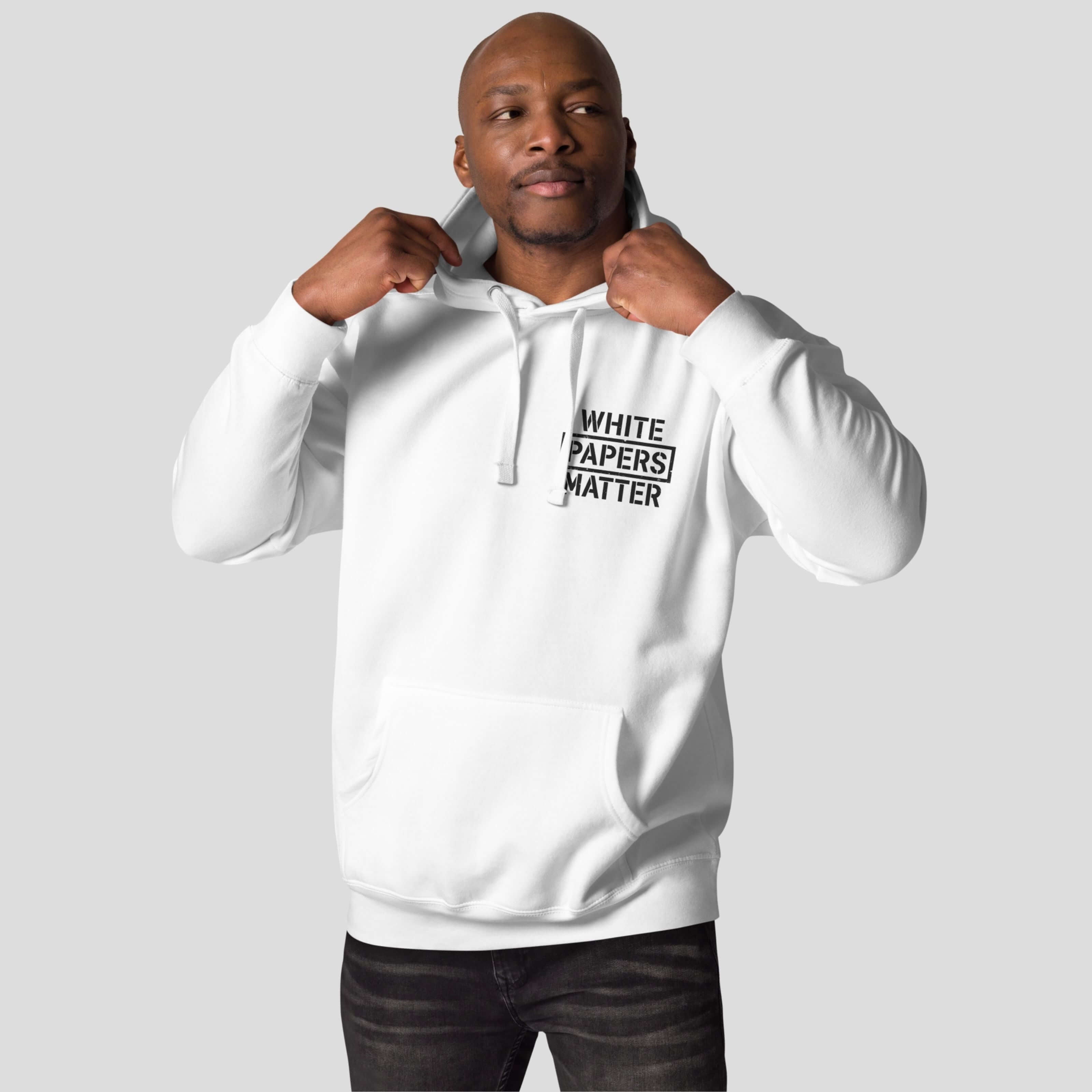 Model wearing white bitcoin cypherpunk hoodie front view