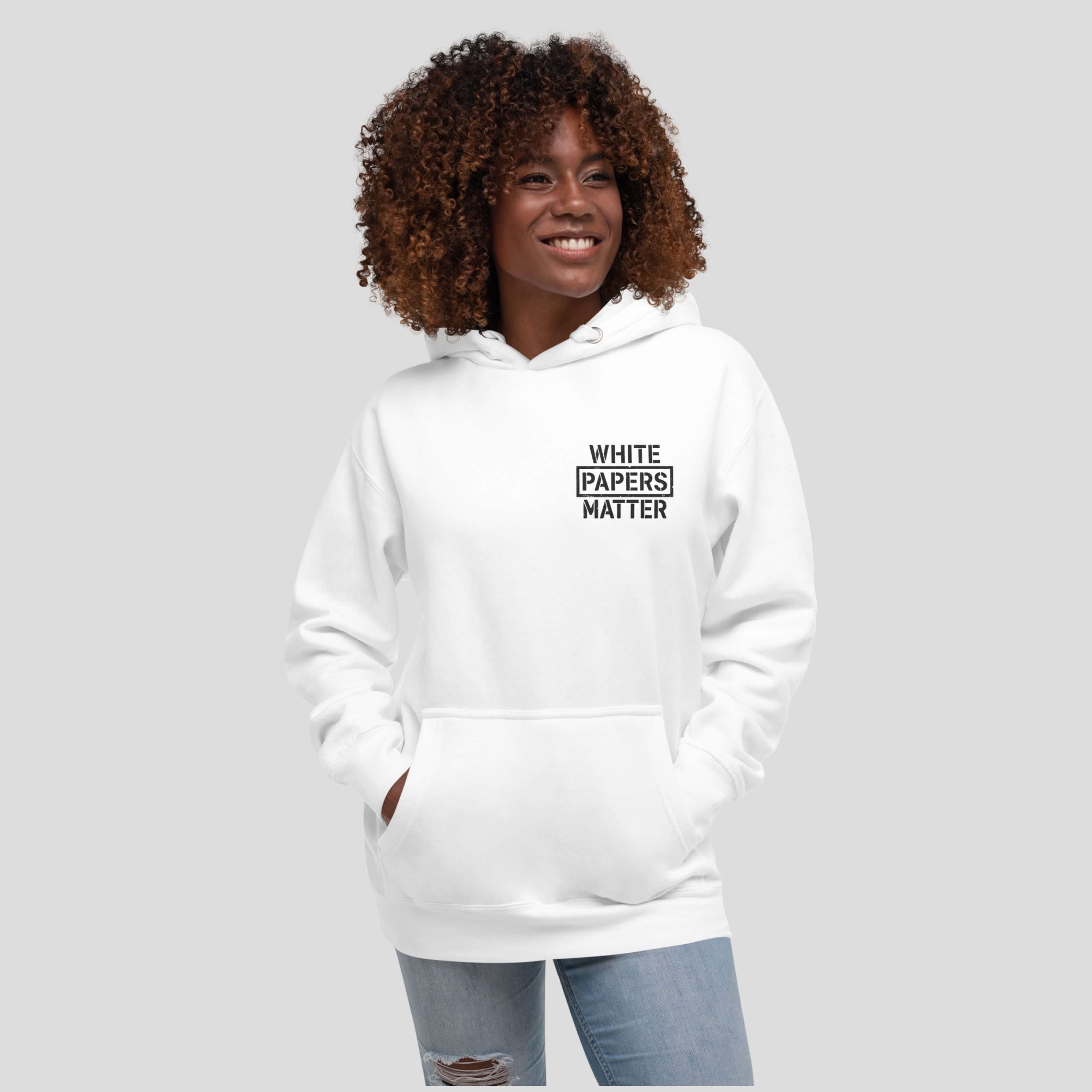 Female model wearing bitcoin whitepaper hoodie front view