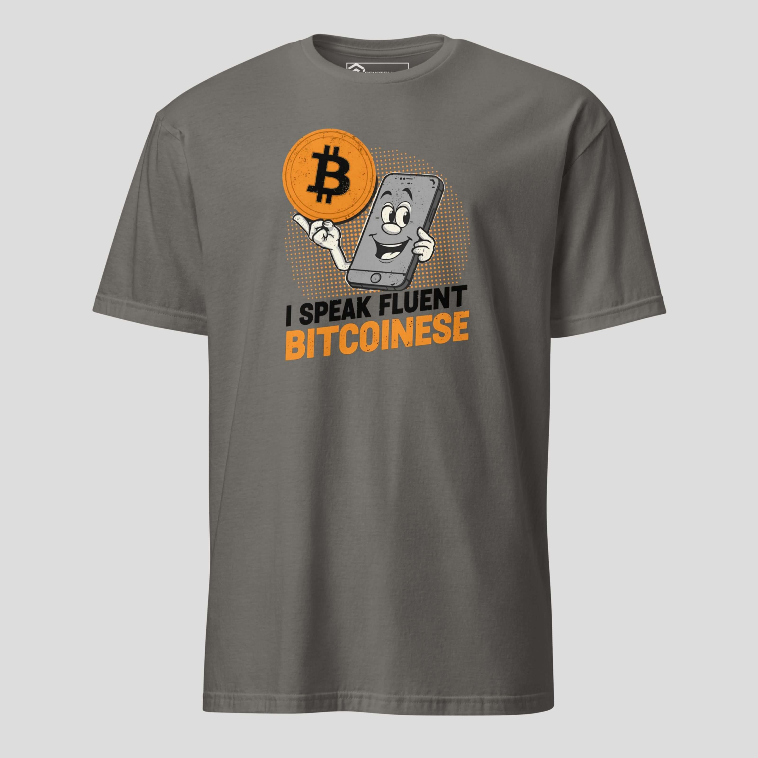 Gray Bitcoinese t-shirt featuring a playful phone illustration holding a bitcoin coin on premium cotton fabric
