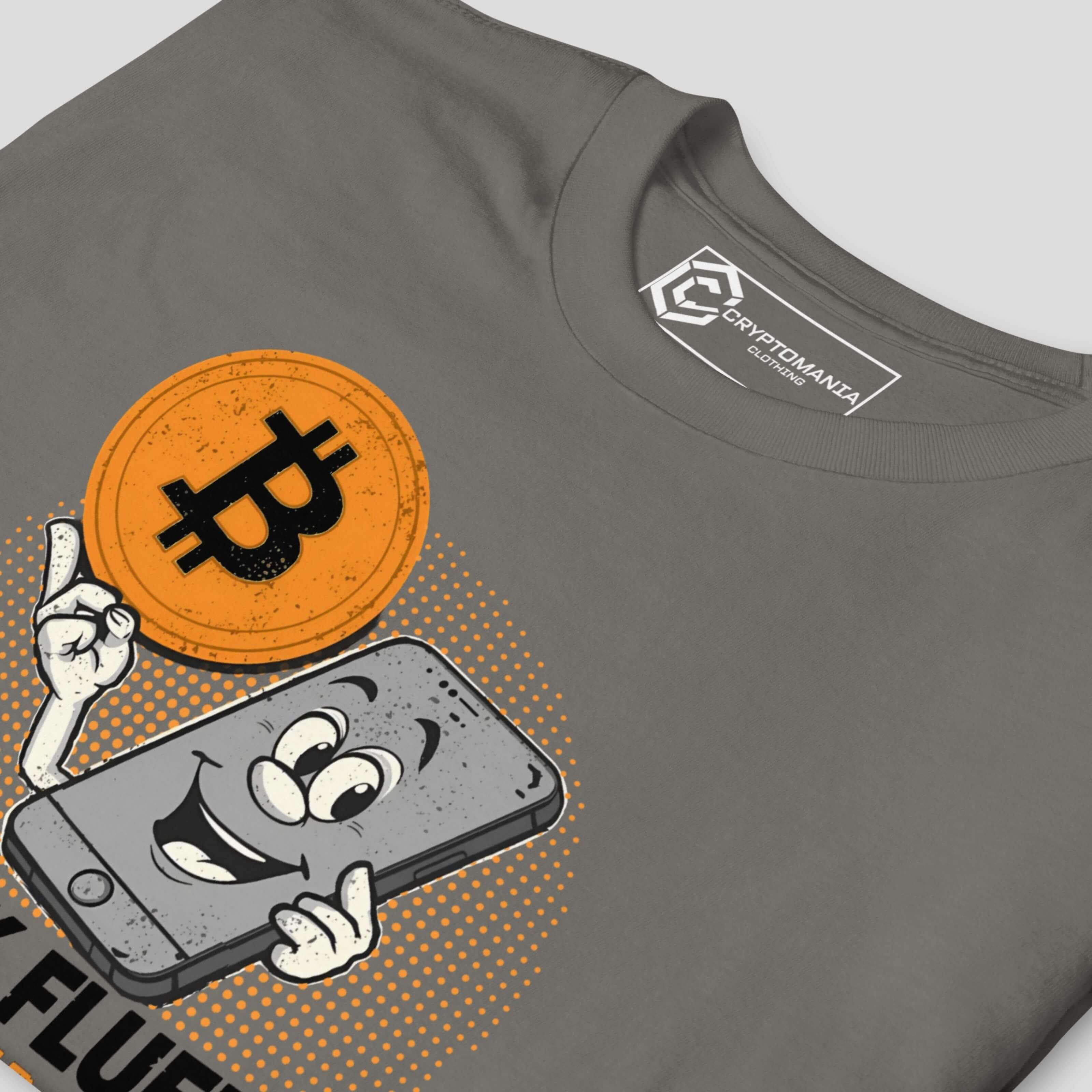 Close-up of Bitcoinese t-shirt design with cartoon phone and bitcoin coin graphic
