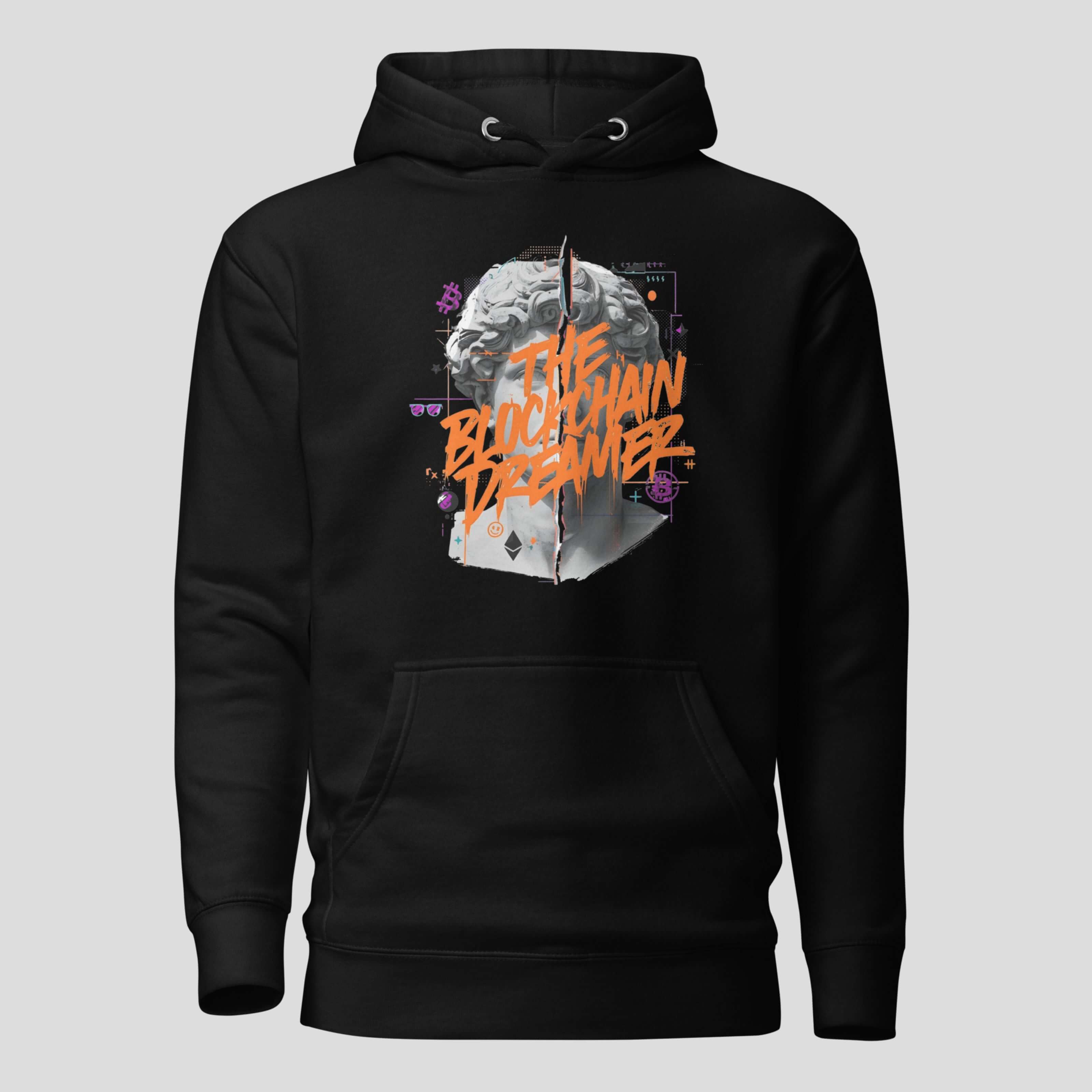 Black crypto hoodie with Blockchain Dreamer graphic streetwear design