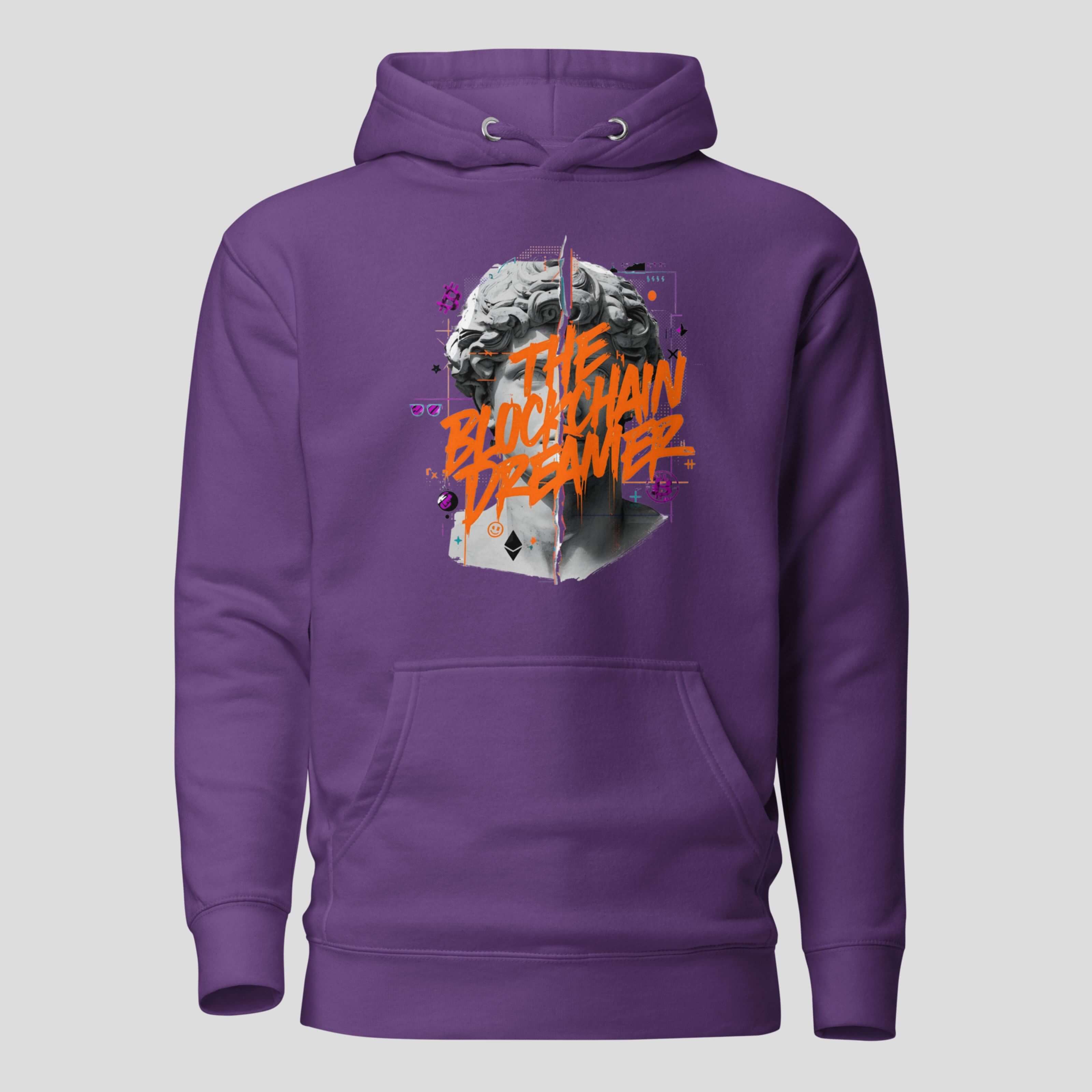 Purple blockchain hoodie featuring bold crypto streetwear artwork