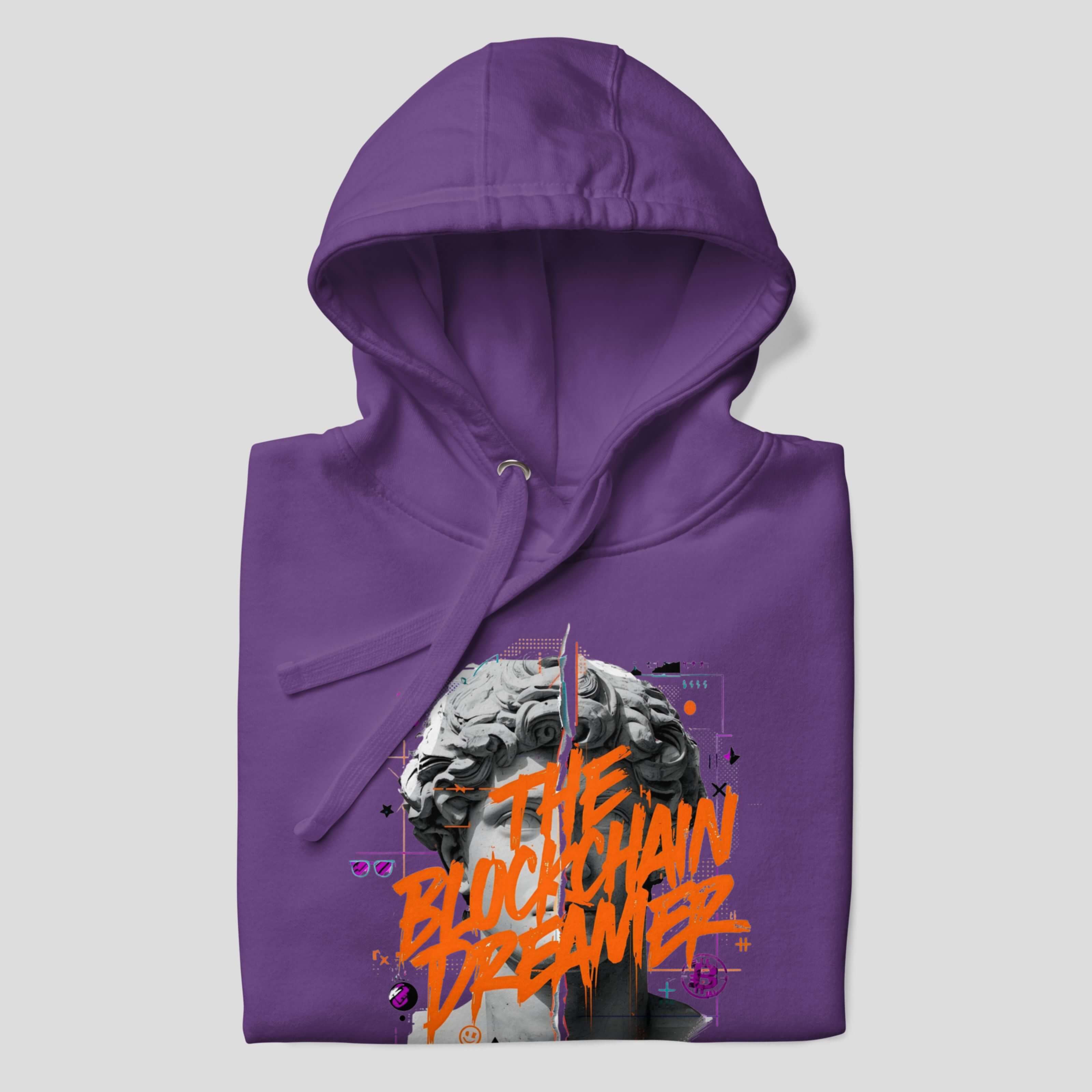 Purple crypto hoodie worn by model with blockchain streetwear design