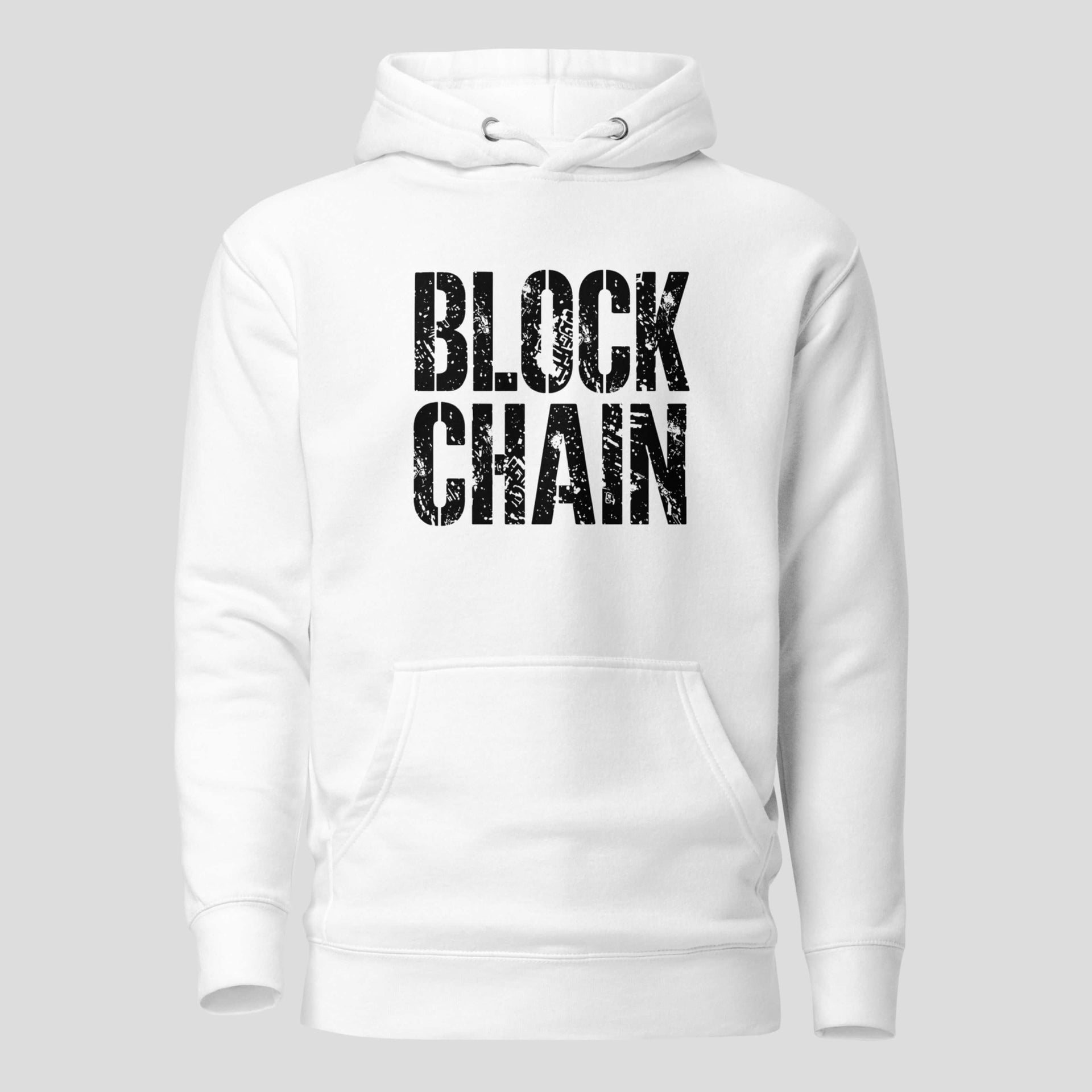 Blockchain hoodie with bold minimal crypto text on white fabric