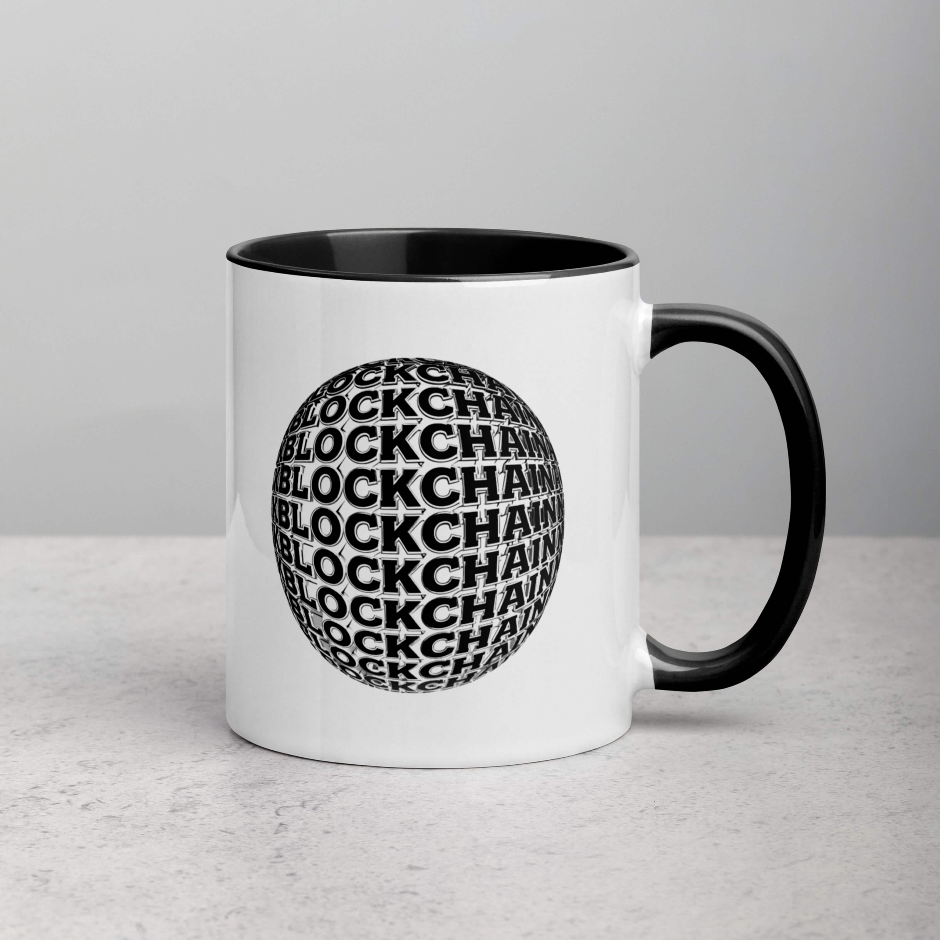 Blockchain pattern coffee mug highlighting repeated blockchain text motif