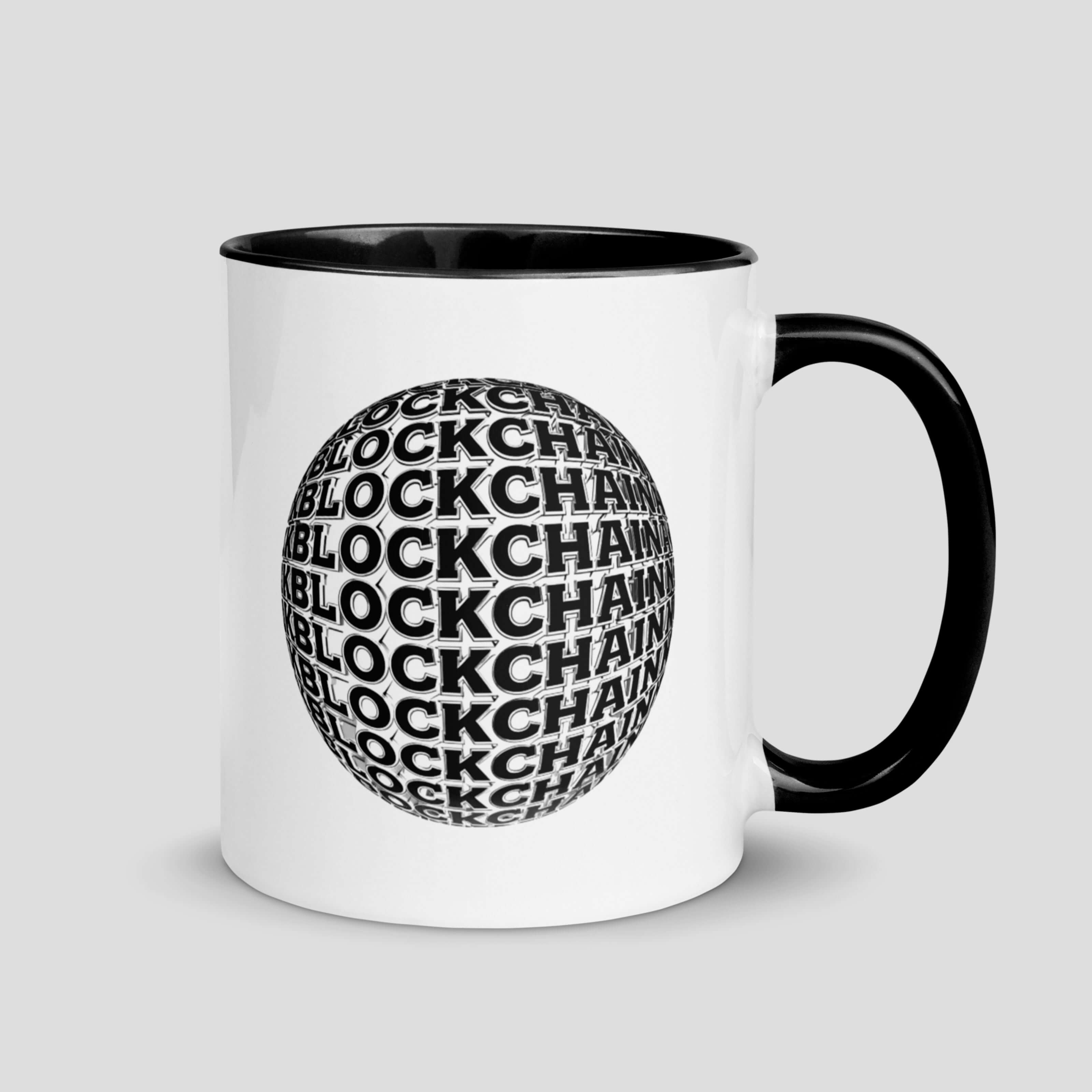 White ceramic mug featuring repeating blockchain typography pattern with black handle