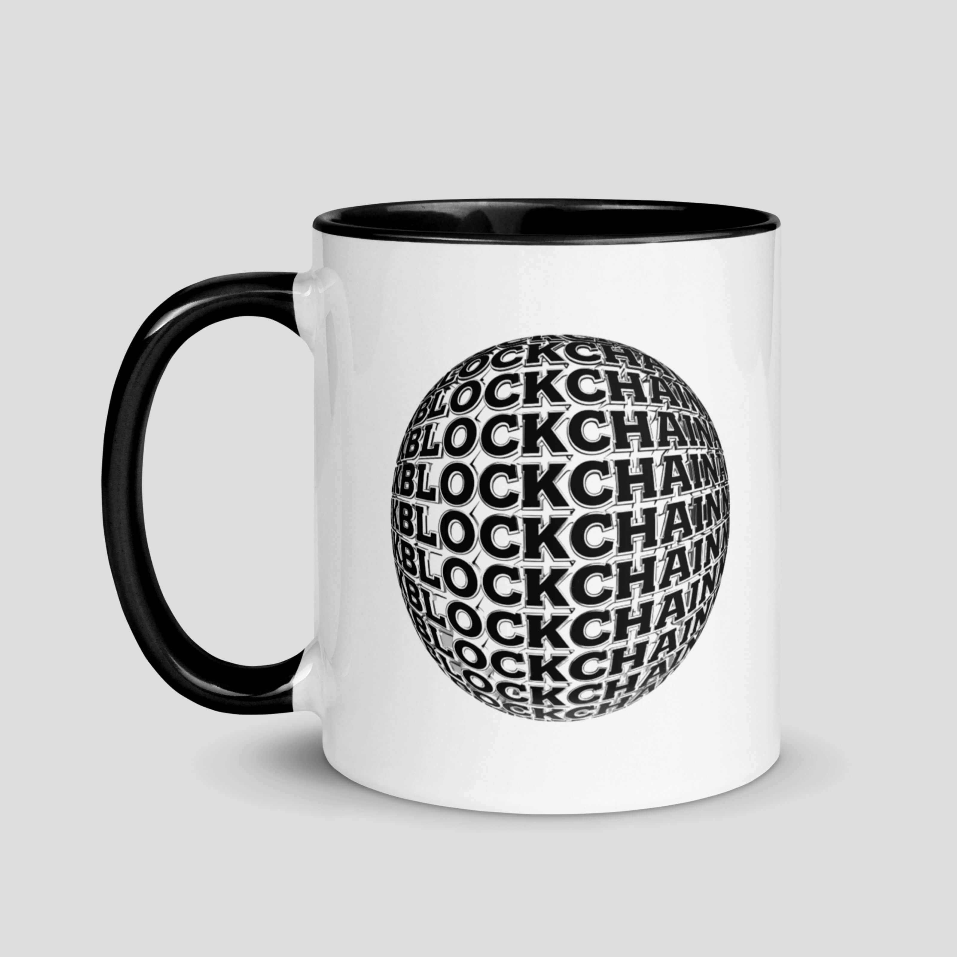 Side view of blockchain pattern mug showing minimalist Web3 typography design