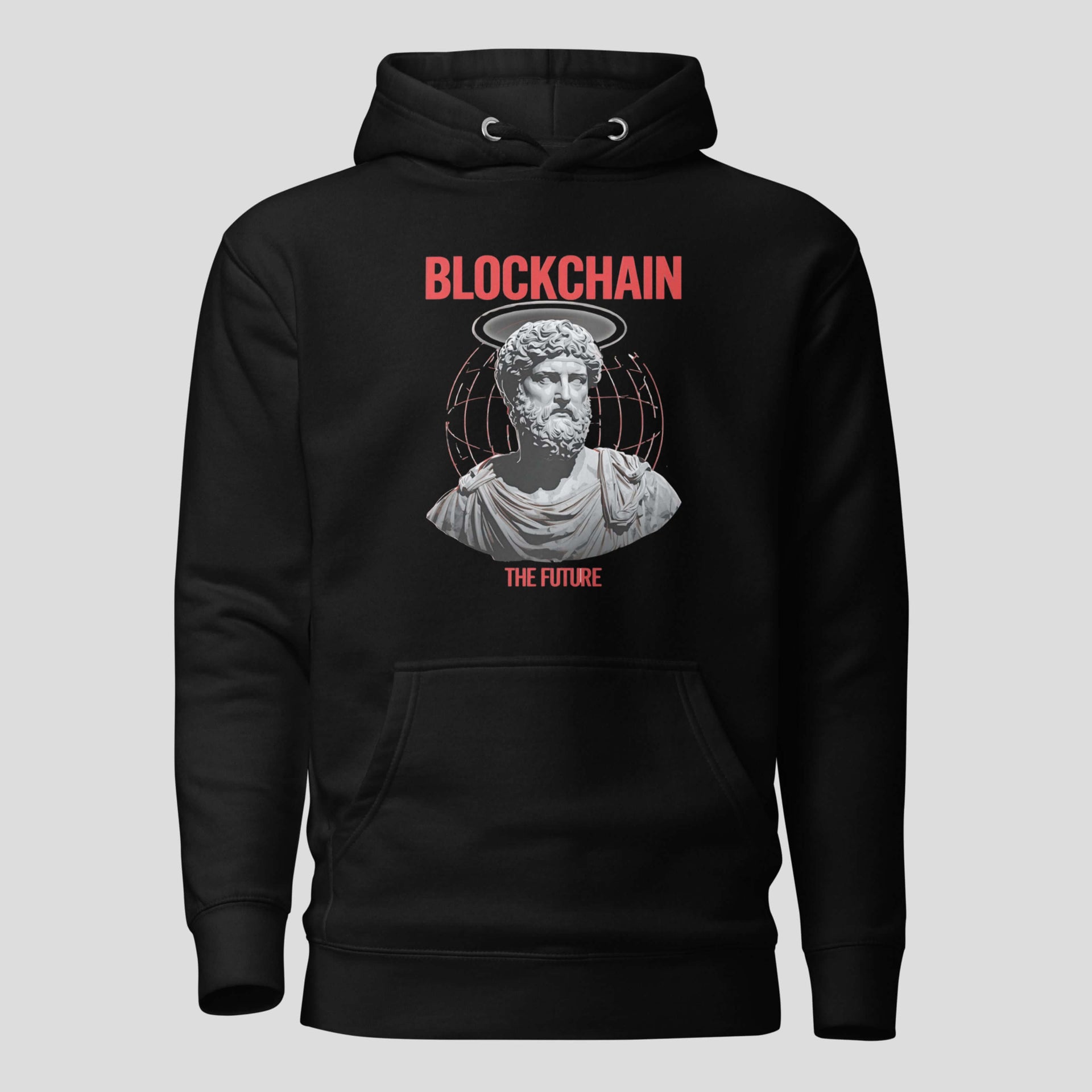 Black crypto streetwear hoodie with blockchain statue illustration