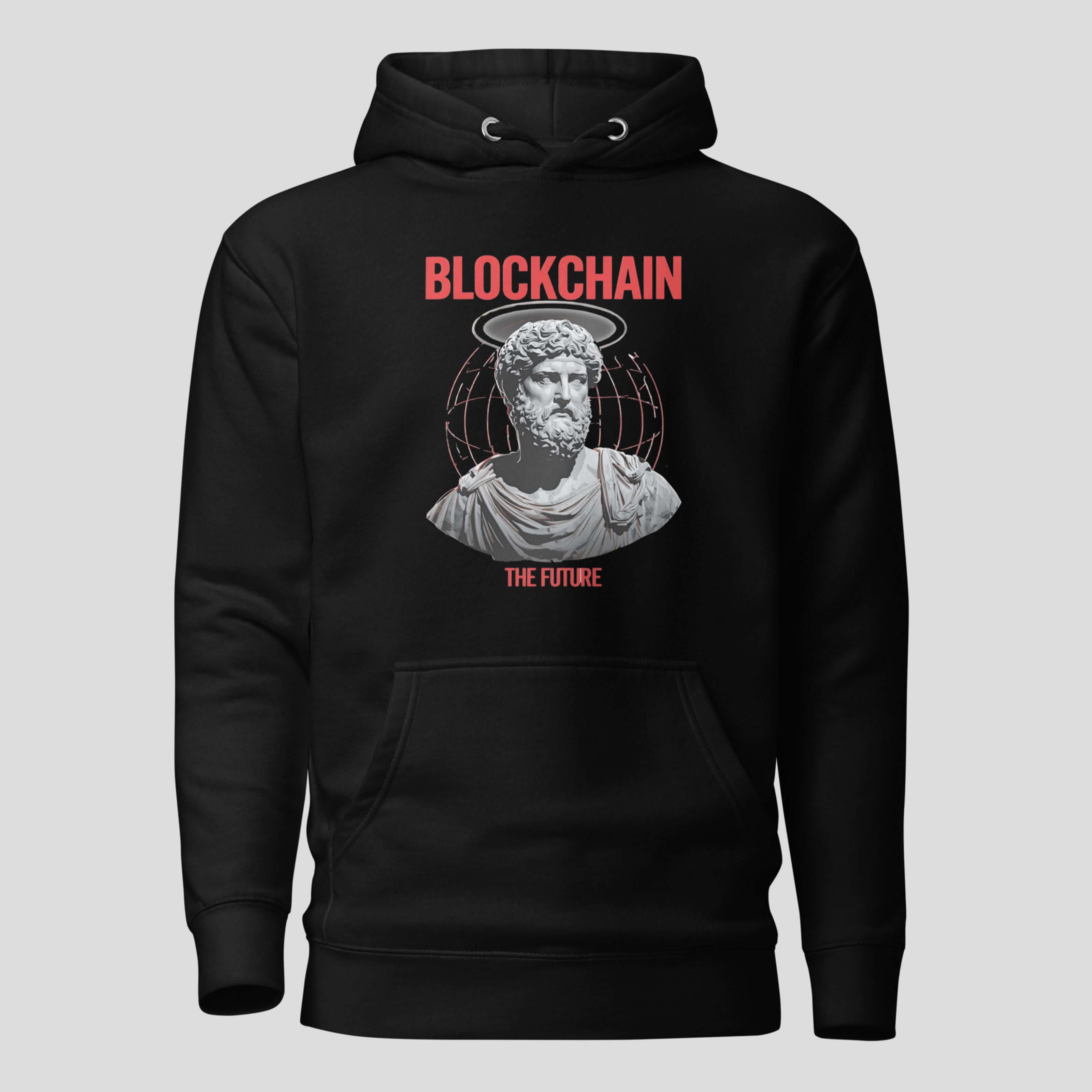 Black crypto streetwear hoodie with blockchain statue illustration