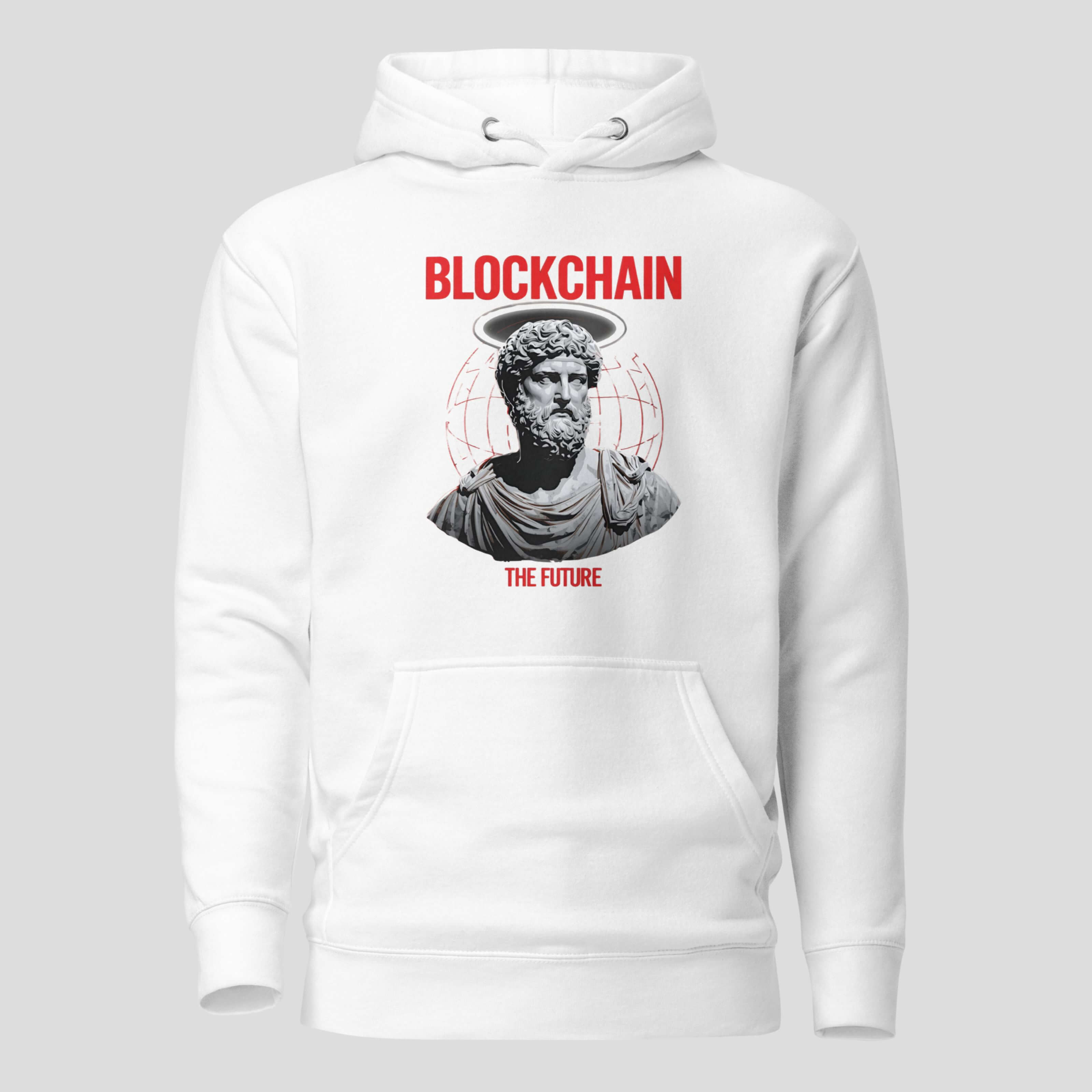 White blockchain hoodie featuring classical statue crypto graphic