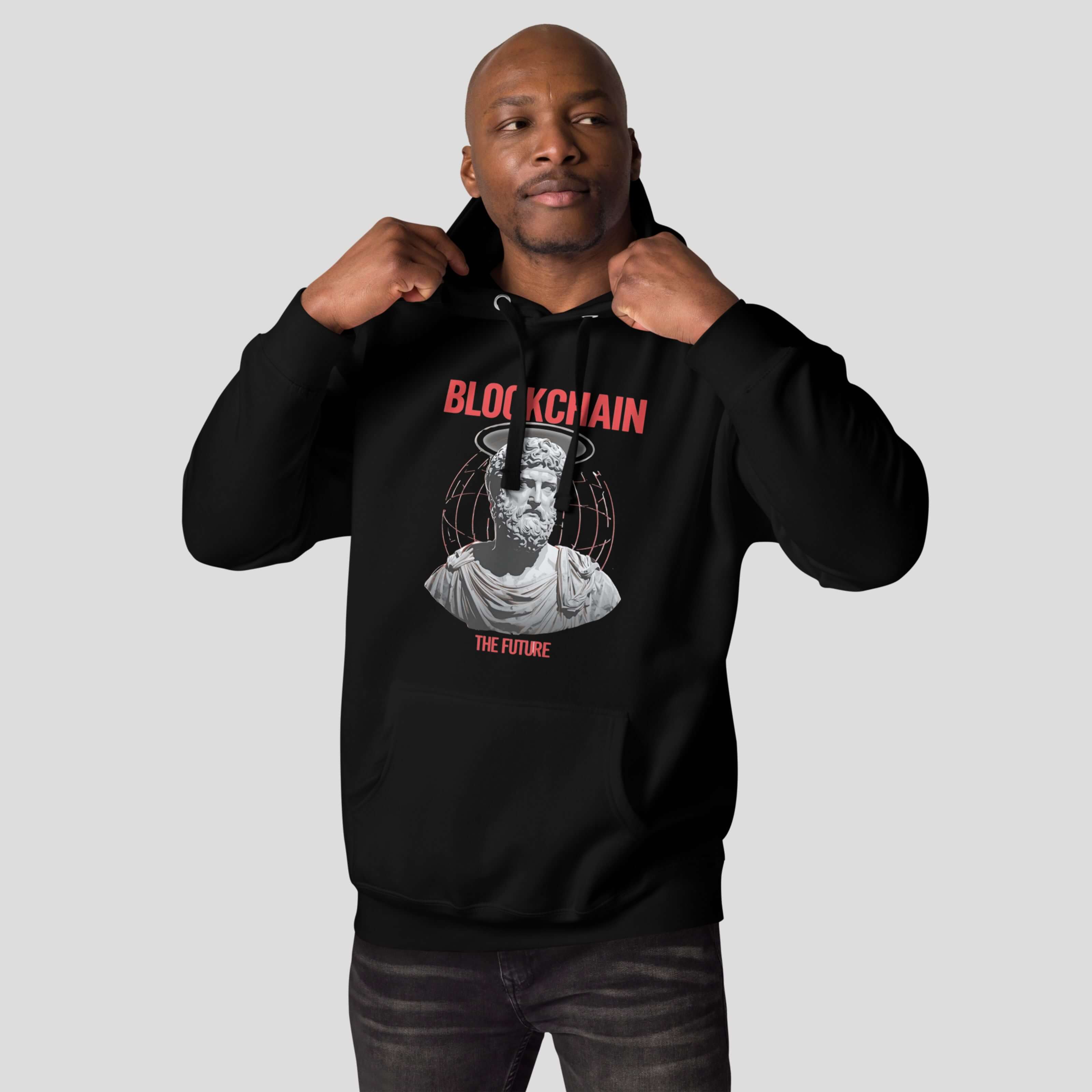 Model wearing black blockchain hoodie with statue graphic and The Future text