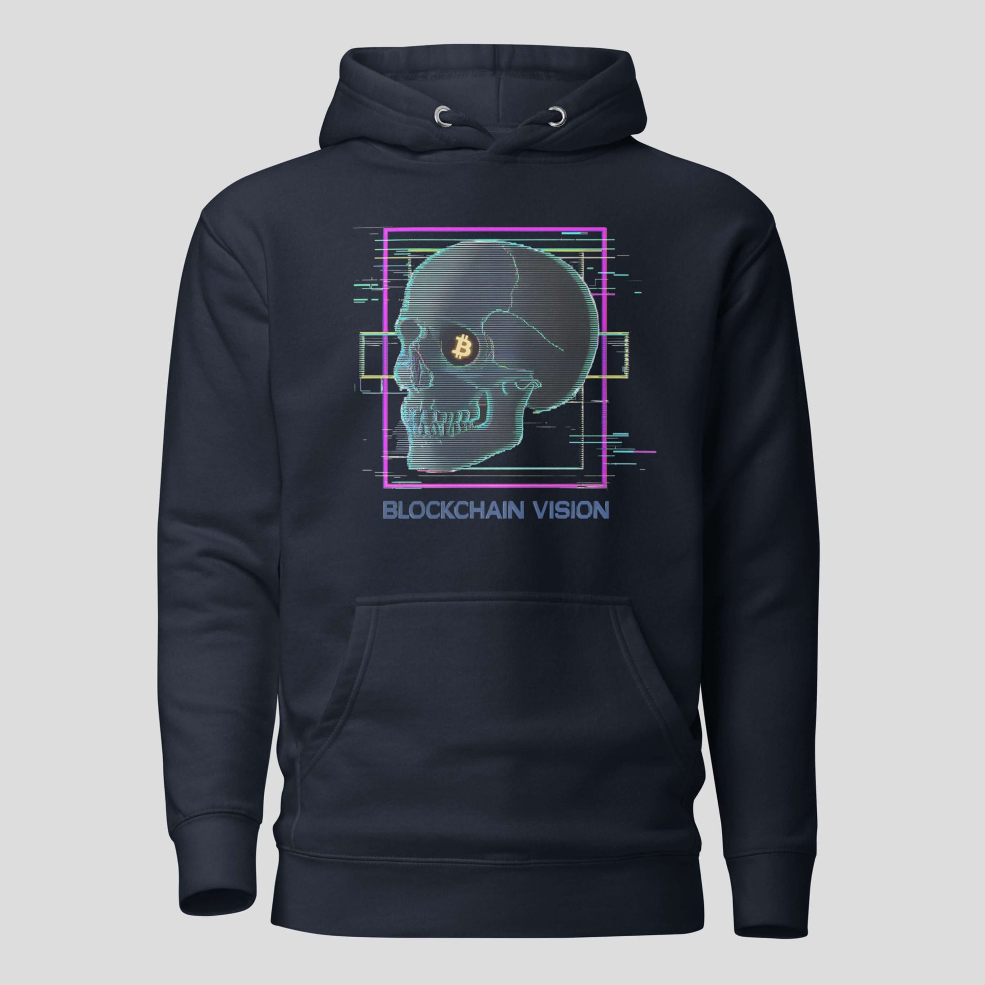 Navy crypto hoodie featuring blockchain vision skull design