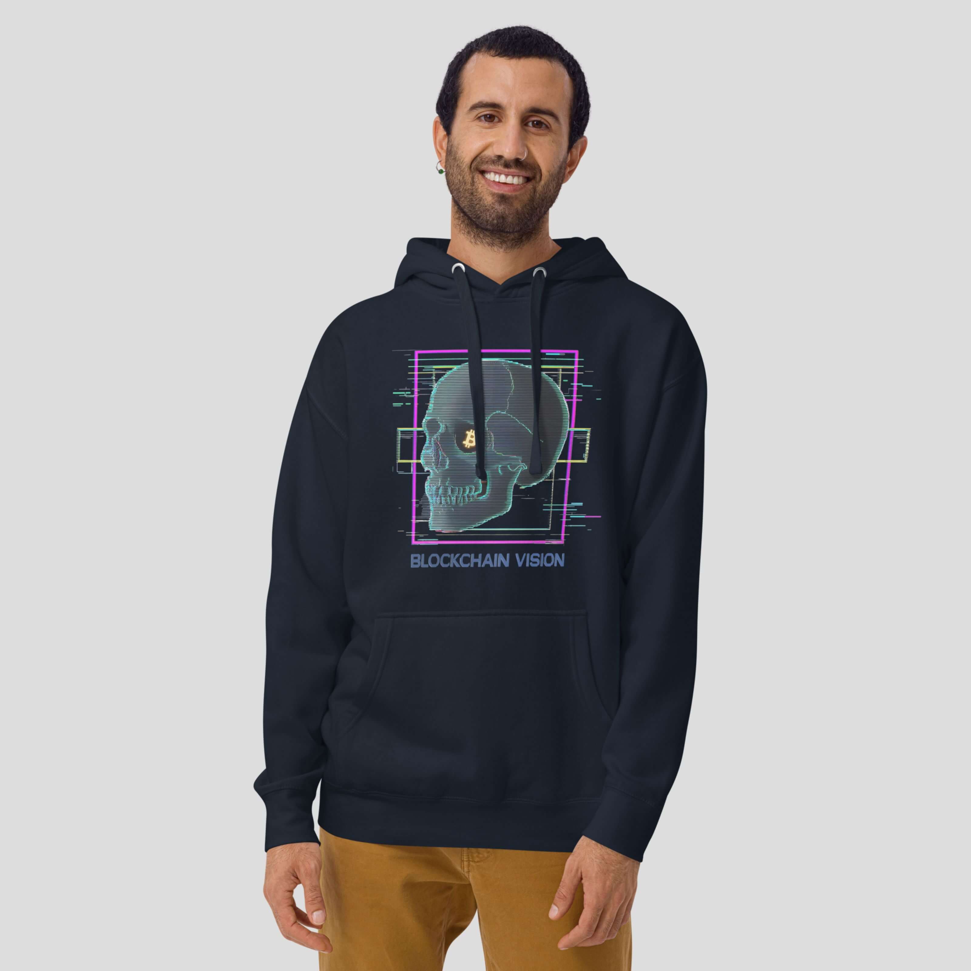 Model wearing black blockchain vision hoodie with futuristic skull graphic