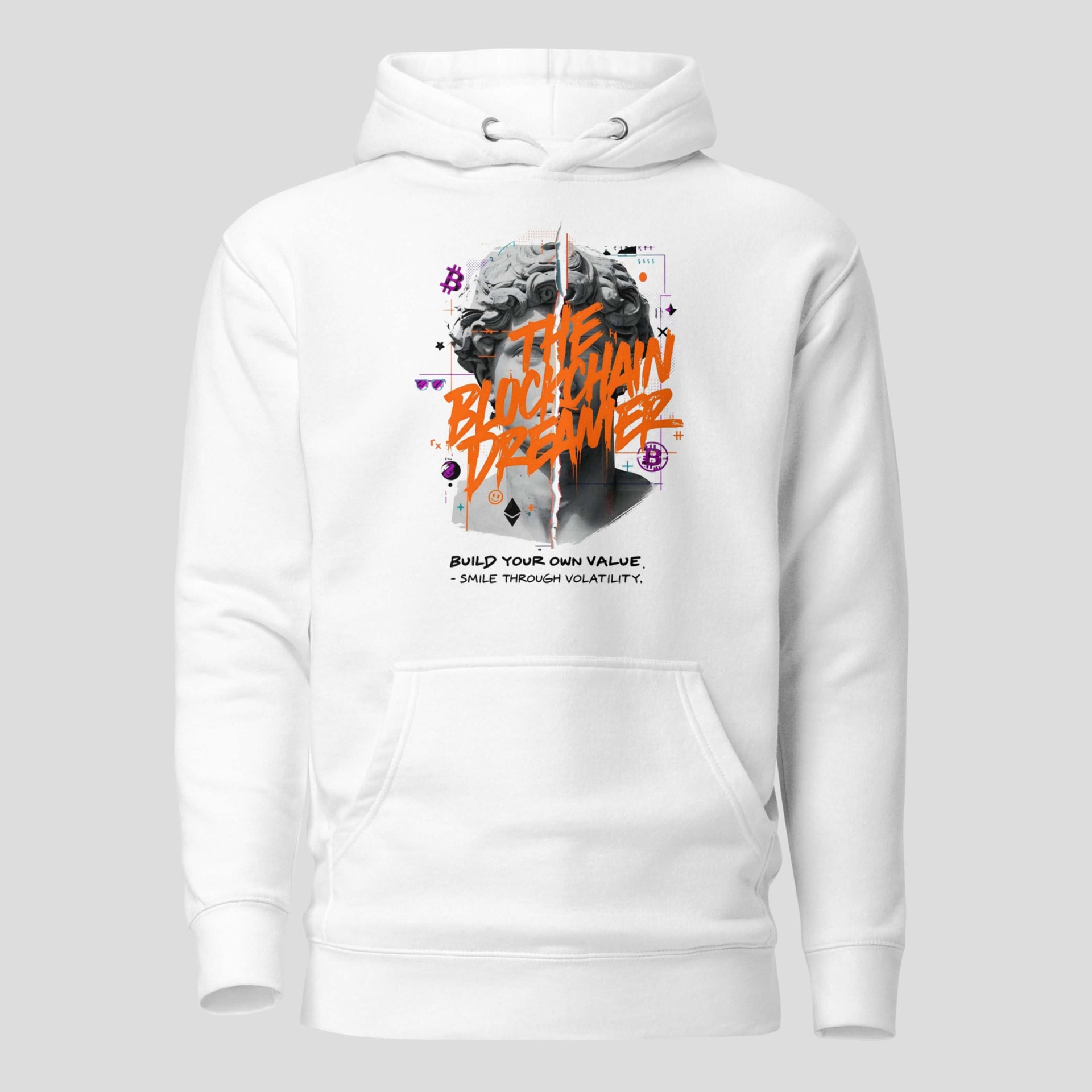 White blockchain streetwear hoodie with graffiti crypto artwork