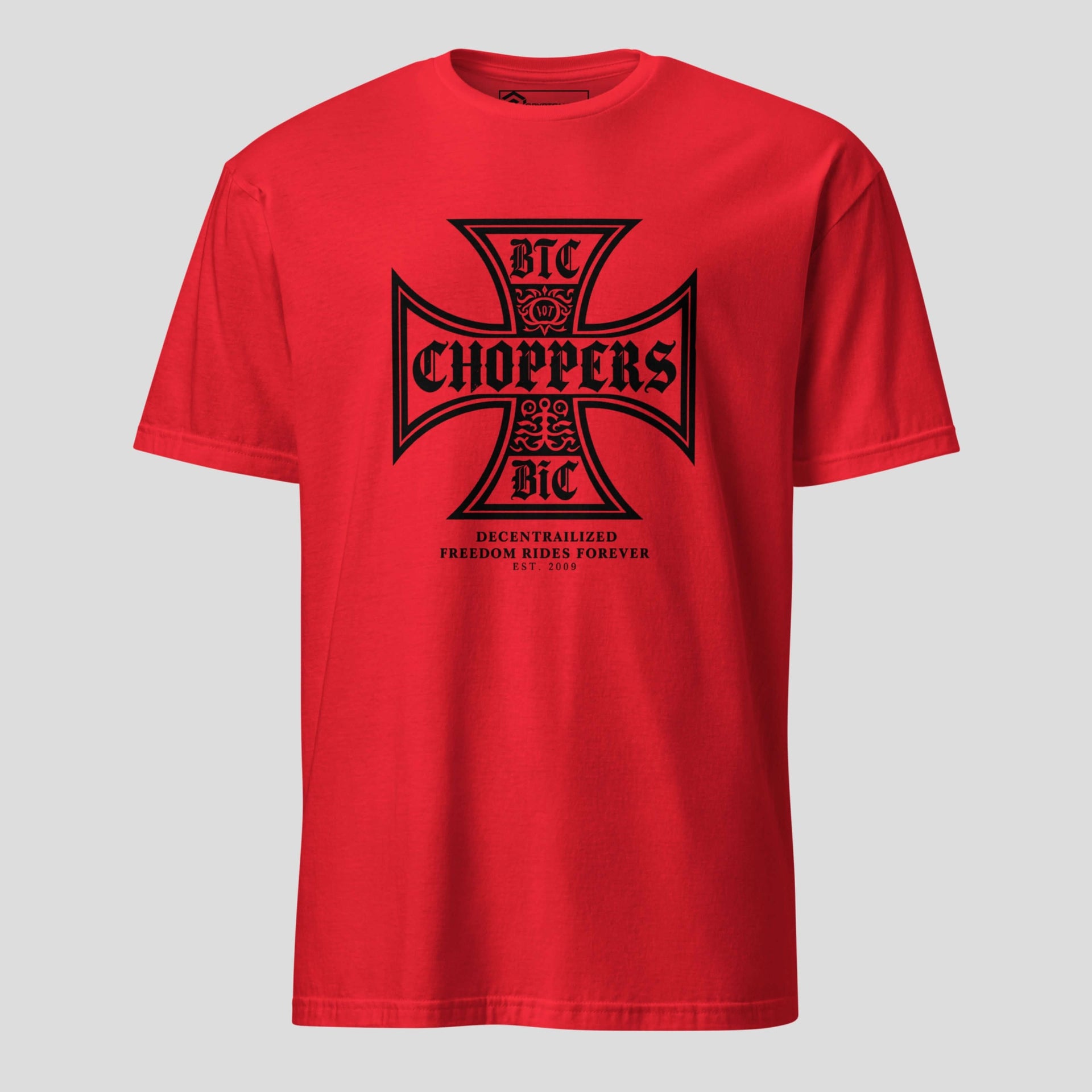 Btc choppers crypto biker tshirt red decentralized freedom cross design