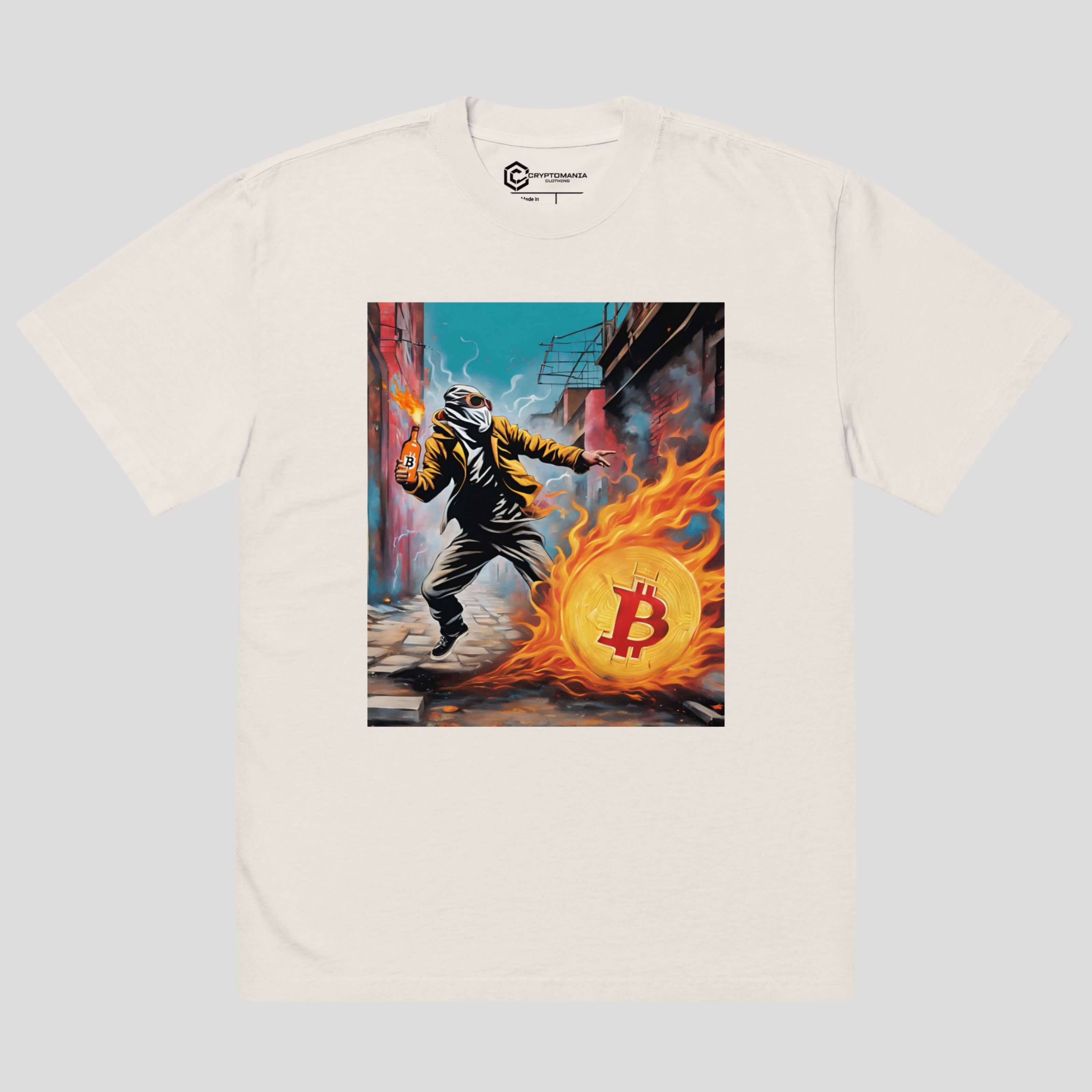 Oversized faded crypto t-shirt featuring BTC revolution artwork on beige fabric