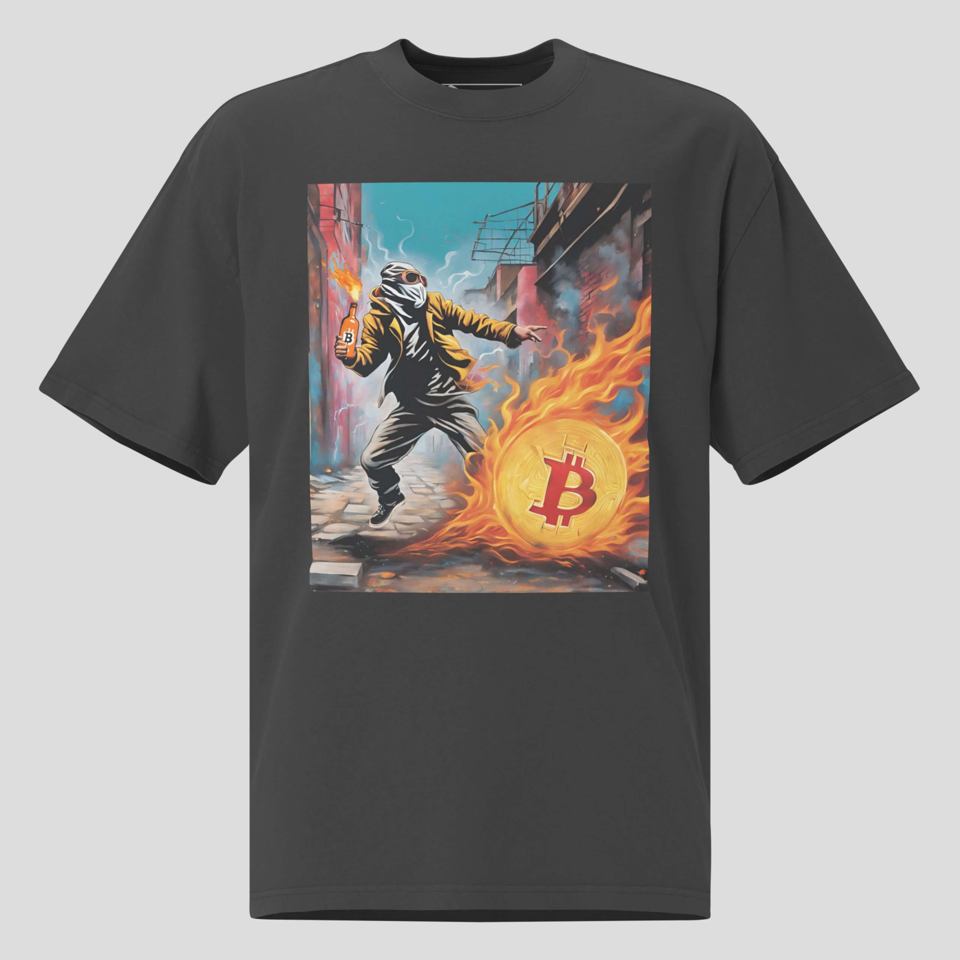 Gray t-shirt with a graphic design of a person with a Bitcoin symbol on hand with street revolution theme