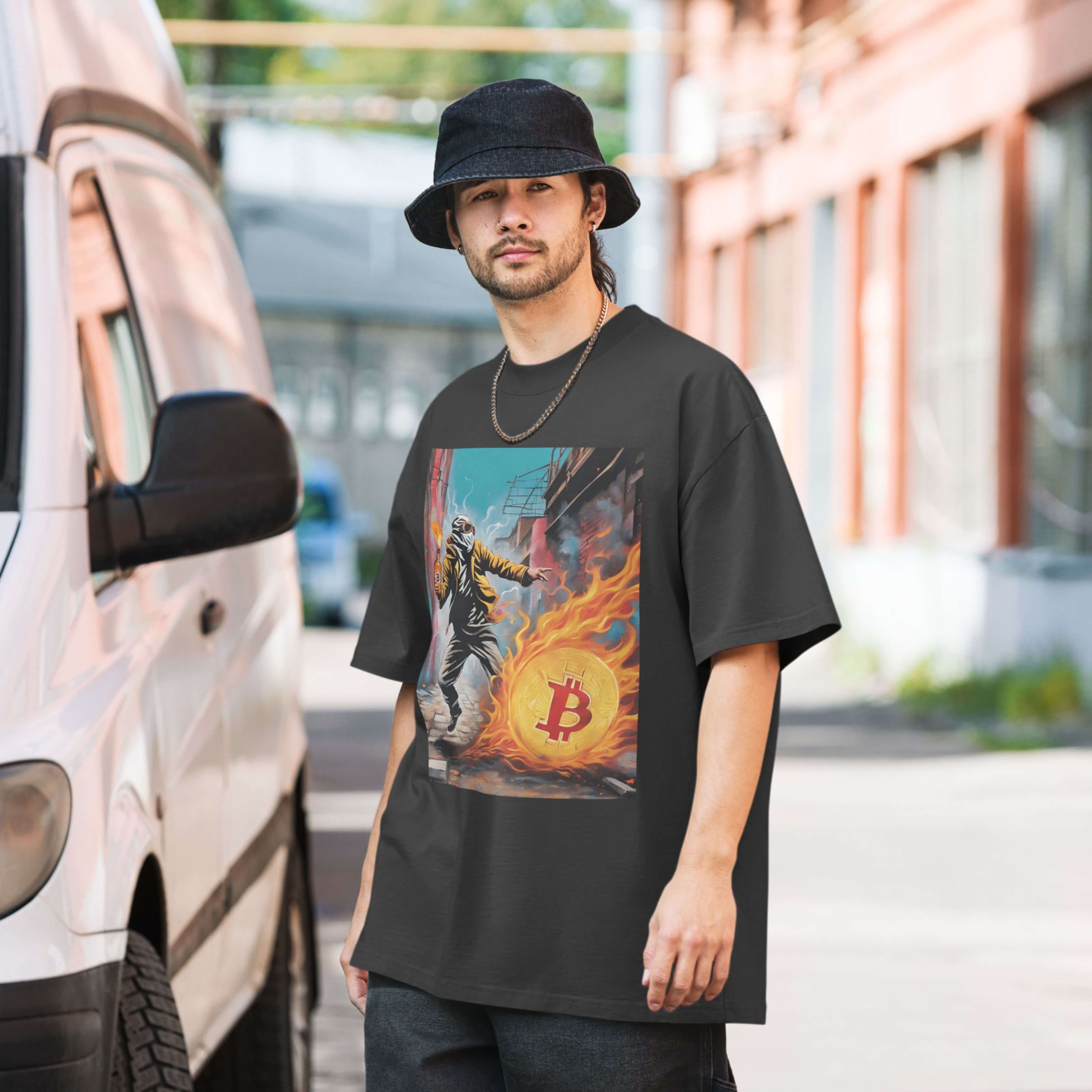 Model wearing oversized faded crypto t-shirt inspired by BTC revolution culture