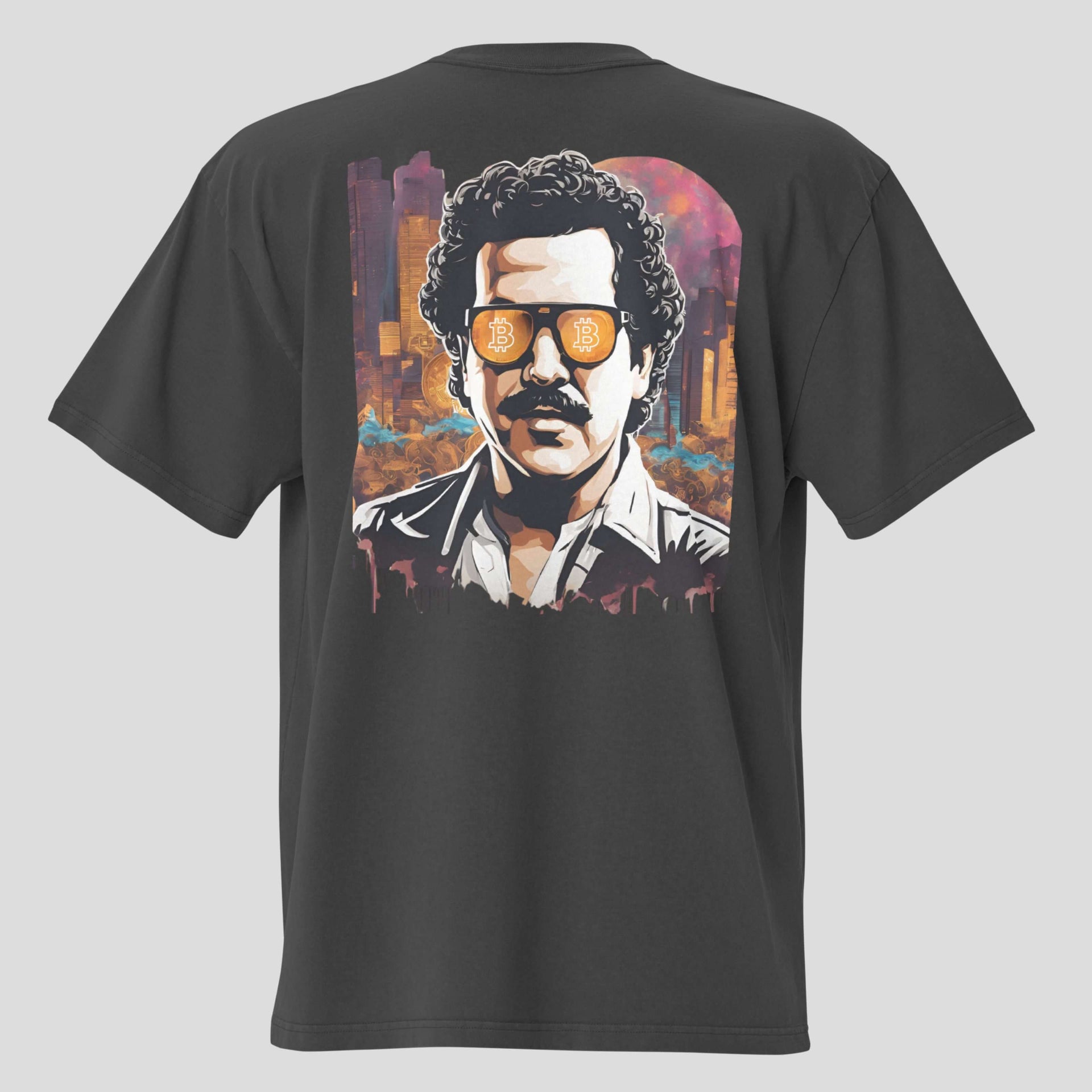 Back view of oversized crypto t-shirt with Bitcoin-inspired portrait artwork