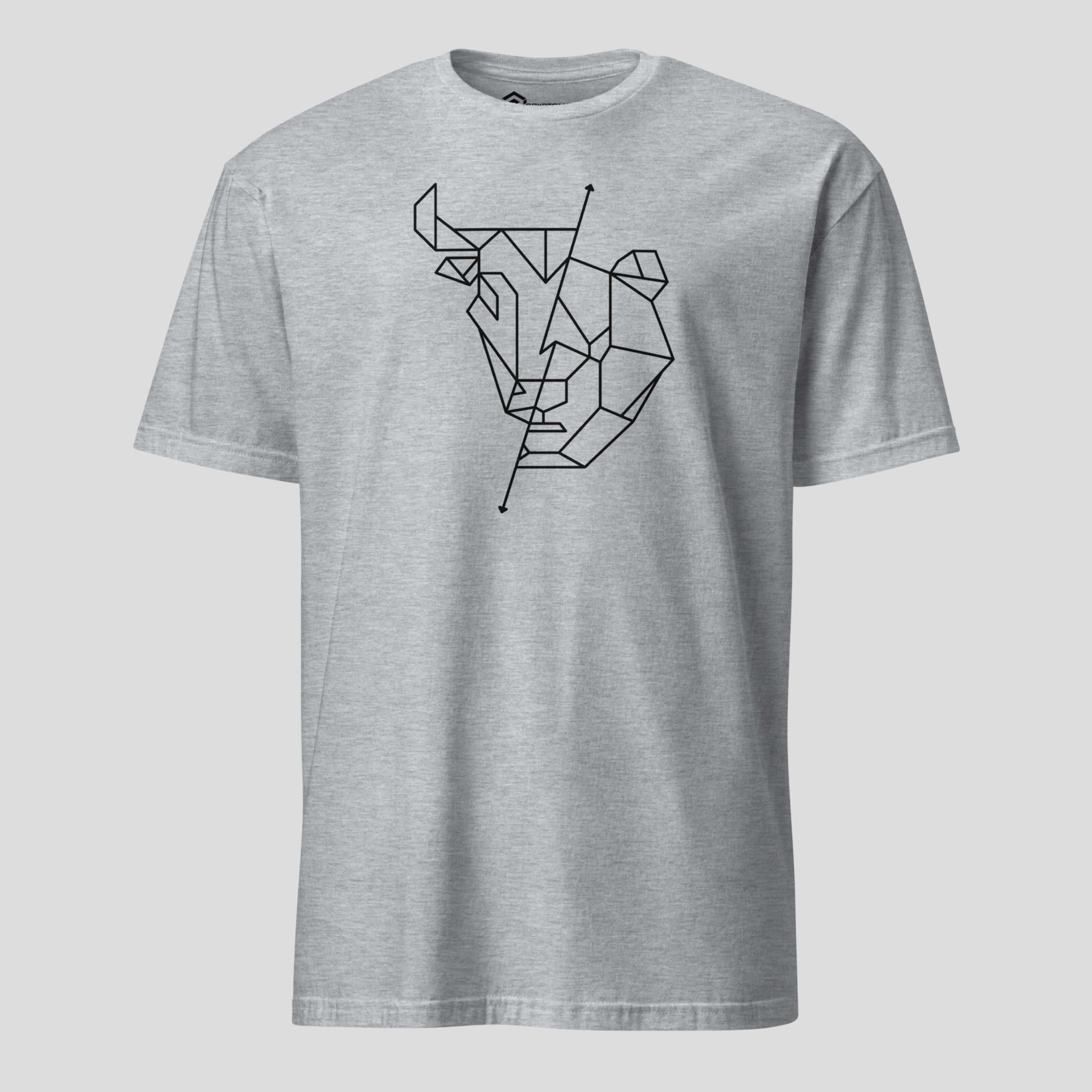 Grey bull vs bear crypto t-shirt featuring minimalist line art symbolizing bullish and bearish market sentiment for traders and investors