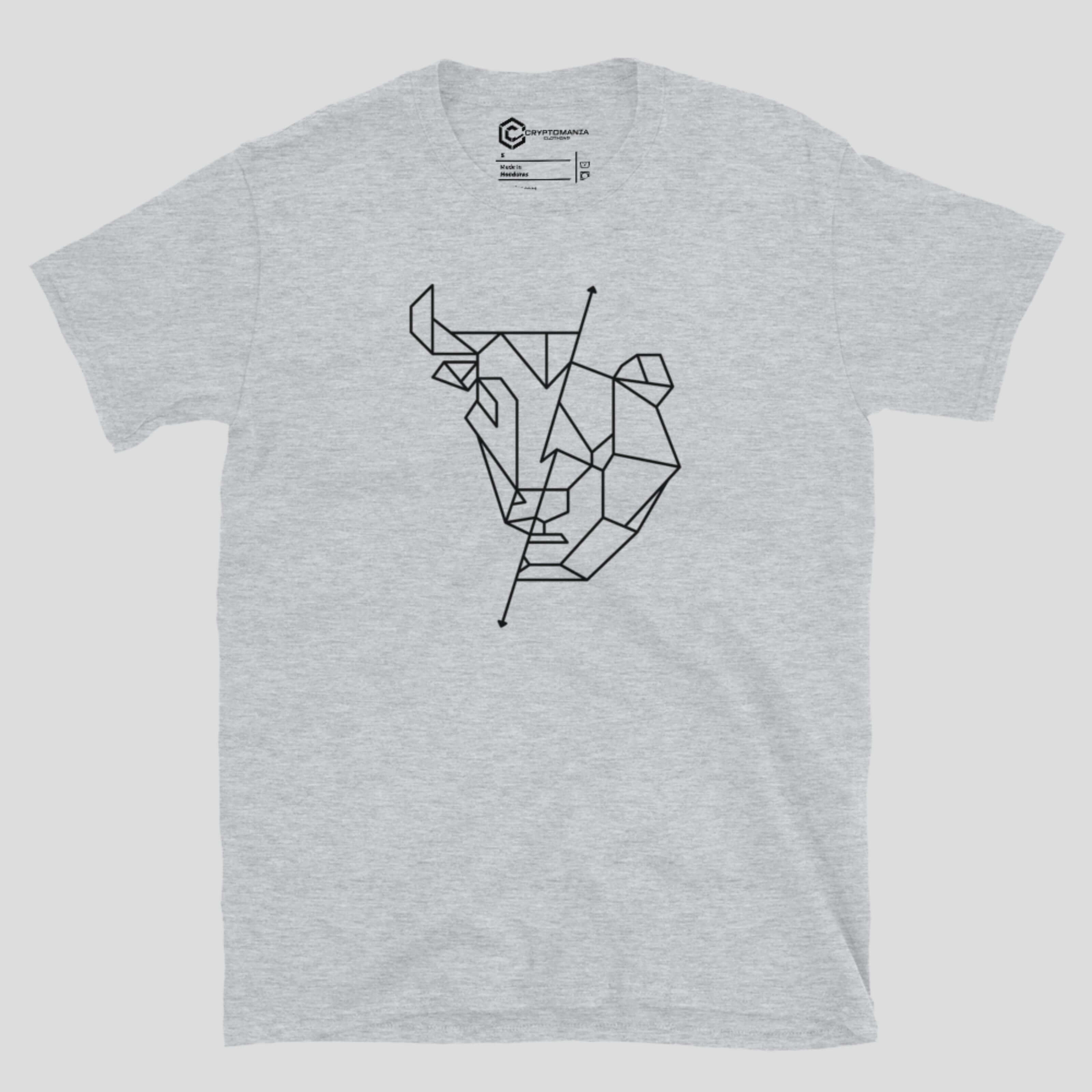 Minimalist bull and bear line art crypto Gray t-shirt on white fabric inspired by financial markets and trading psychology