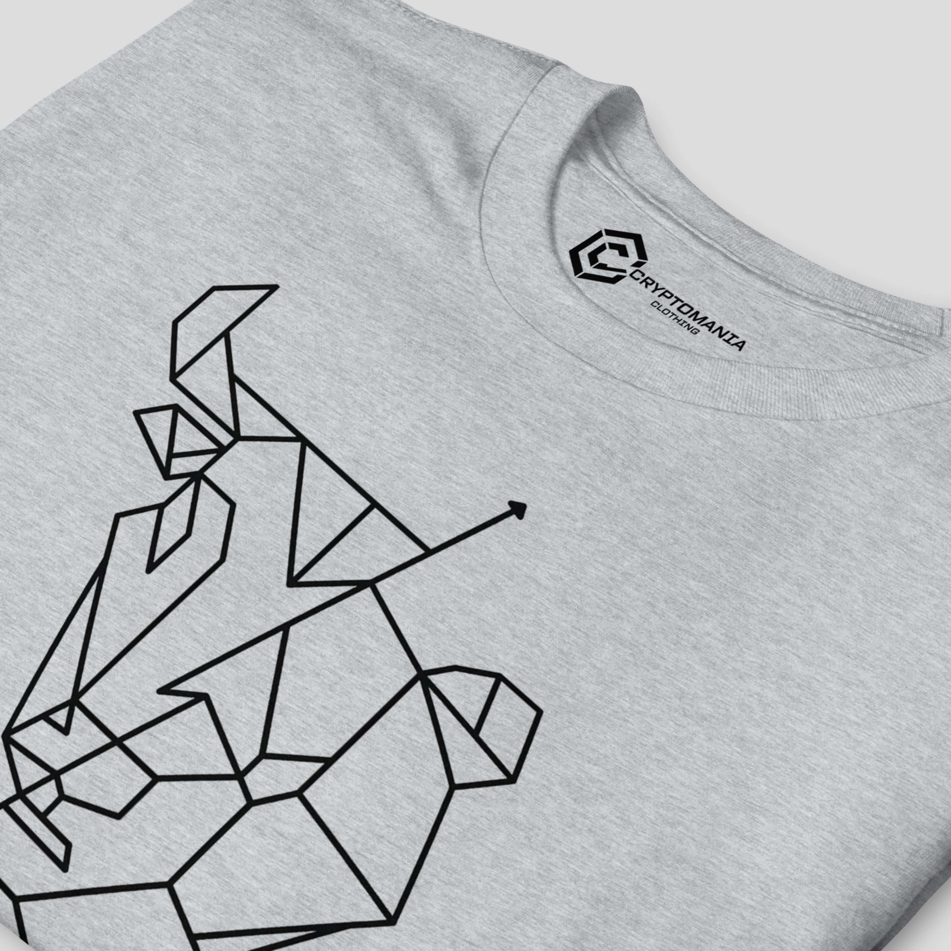 Close-up of bull and bear line art design on gray crypto t-shirt representing market volatility and trading strategy
