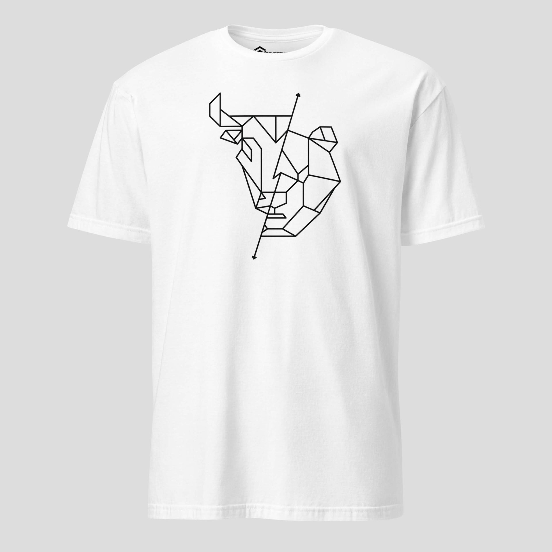 White crypto trading t-shirt with abstract bull and bear illustration designed for market enthusiasts and investors