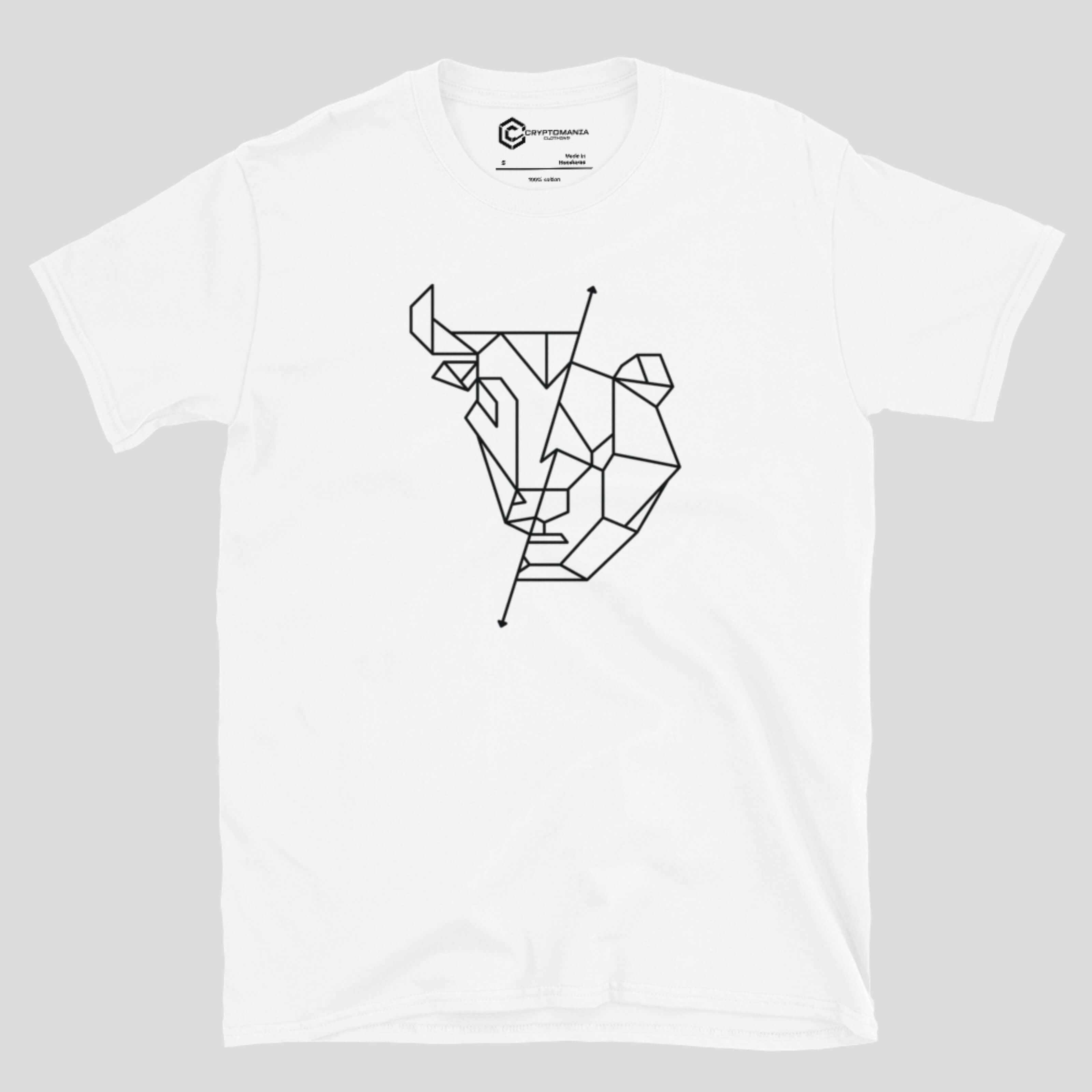 Detailed geometric bull and bear artwork printed on white crypto t-shirt symbolizing bullish versus bearish markets